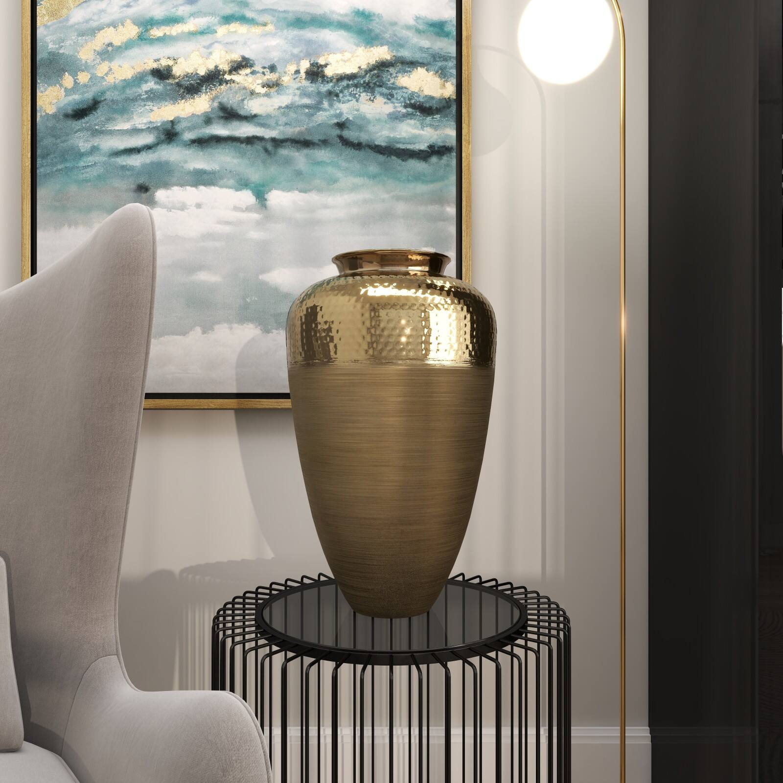 20" Gold Aluminum Brushed Vase with Hammered Top