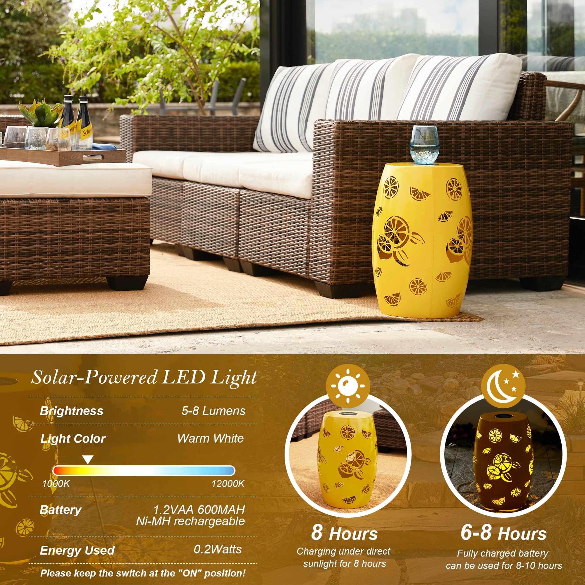 Glitzhome&#xAE; 18.5&#x22; Yellow Iron Cutout Lemon Pattern Solar LED Garden Stool