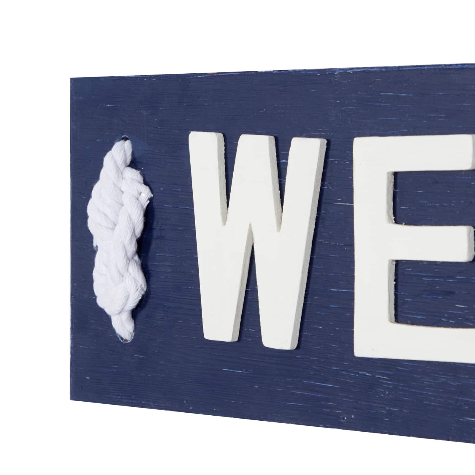 Coastal Blue and White Wood and Metal Welcome Sign, 6" x 32" x 2"