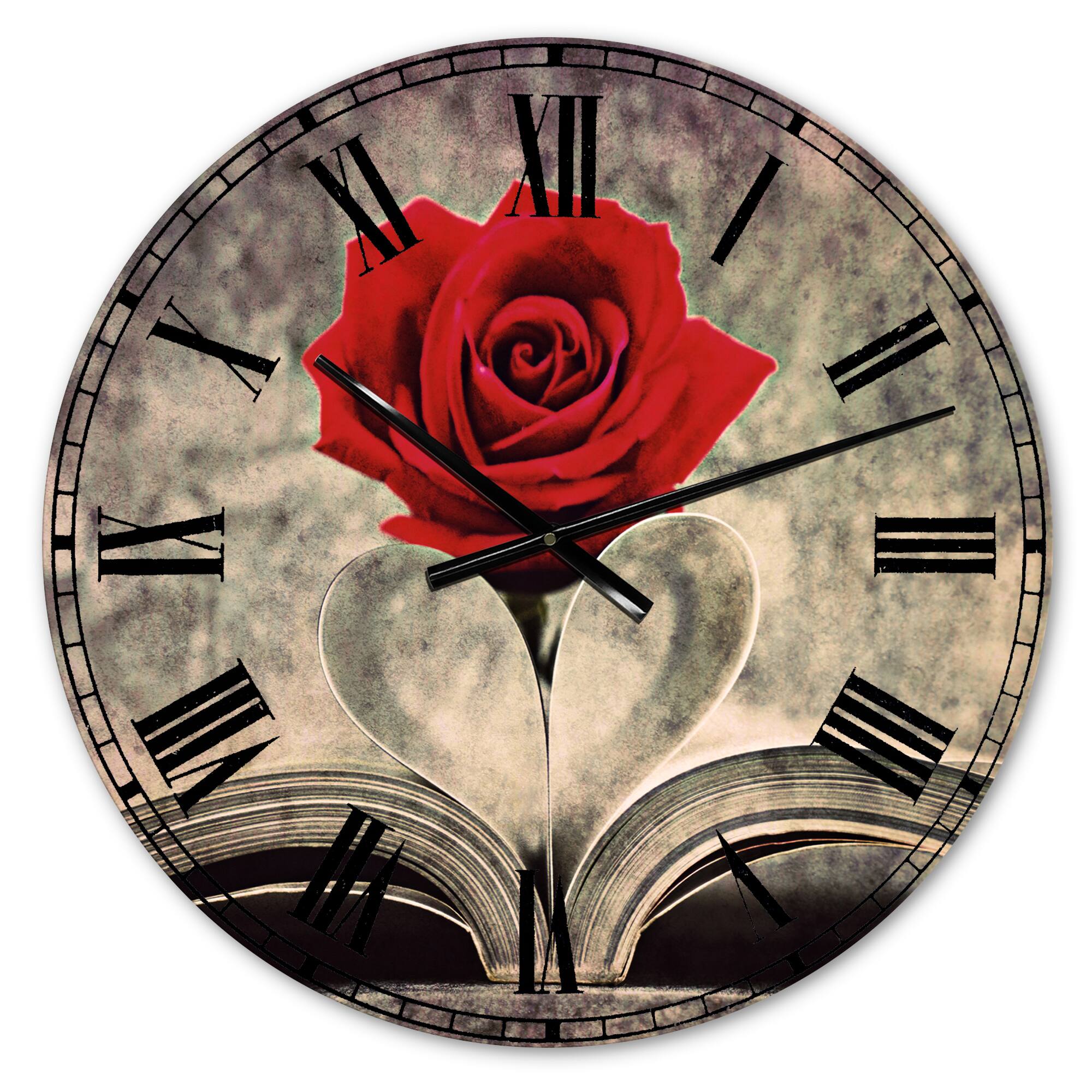 Designart 'Red Rose Inside The Book Modern Wall Clock
