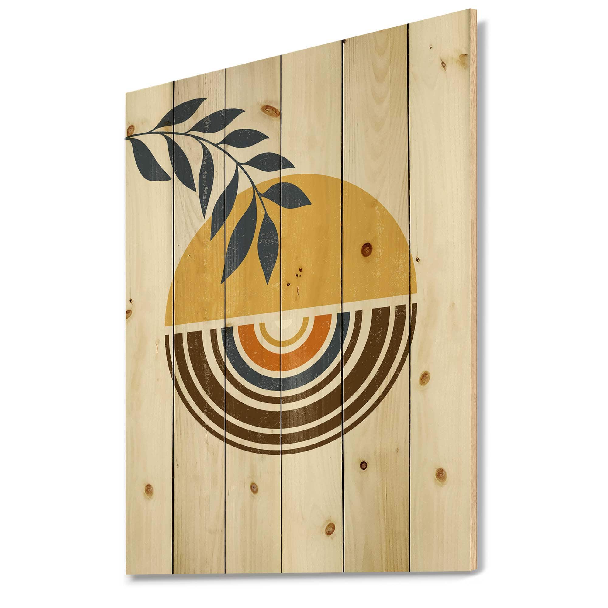 Designart - Abstract Sun Moon Leaves III - Modern Print on Natural Pine Wood