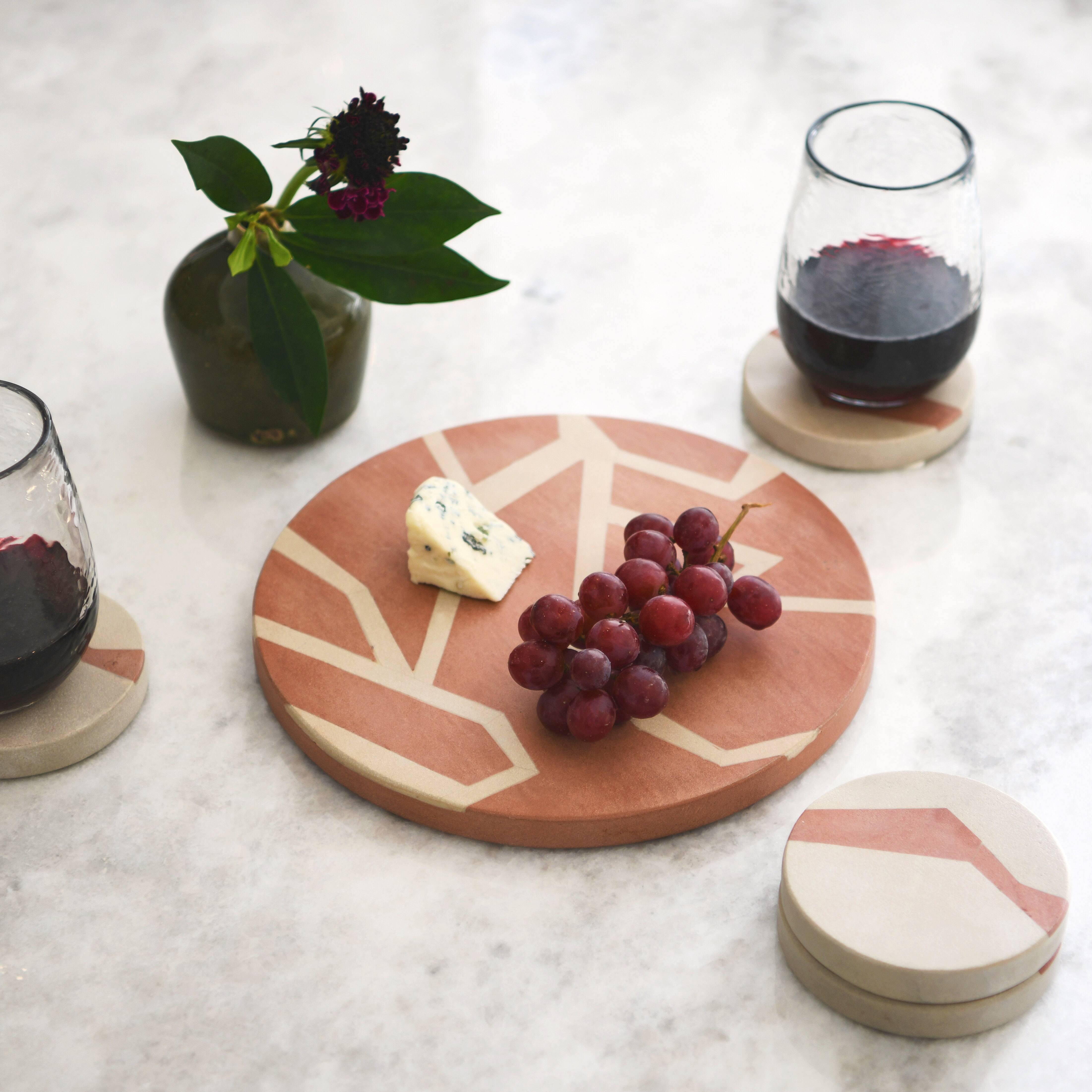Hello Honey® Off-White and Terracotta Round Sandstone Coaster Set with Abstract Design