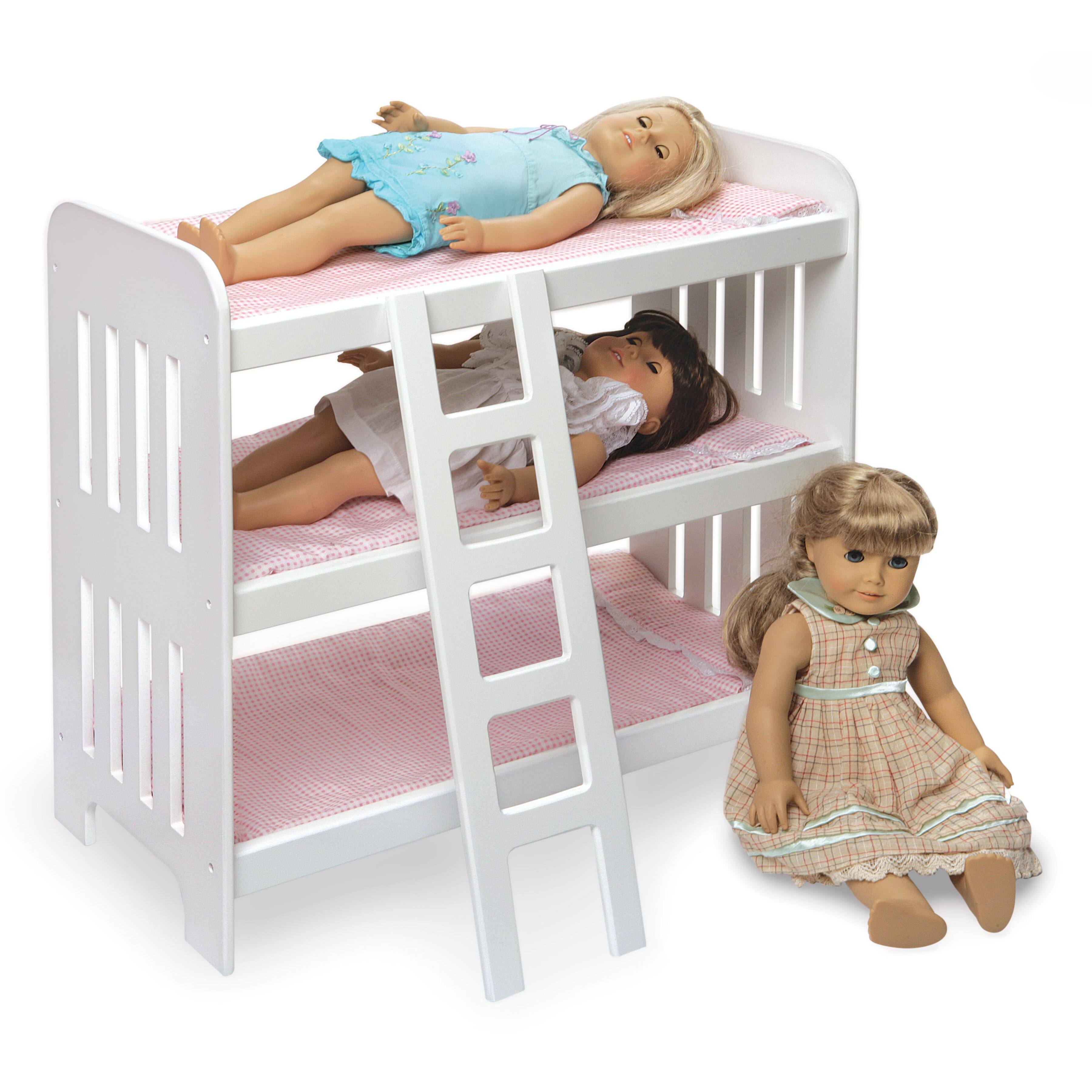 Badger Basket Pink Gingham Triple Doll Bunk Bed with Ladder &#x26; Bedding