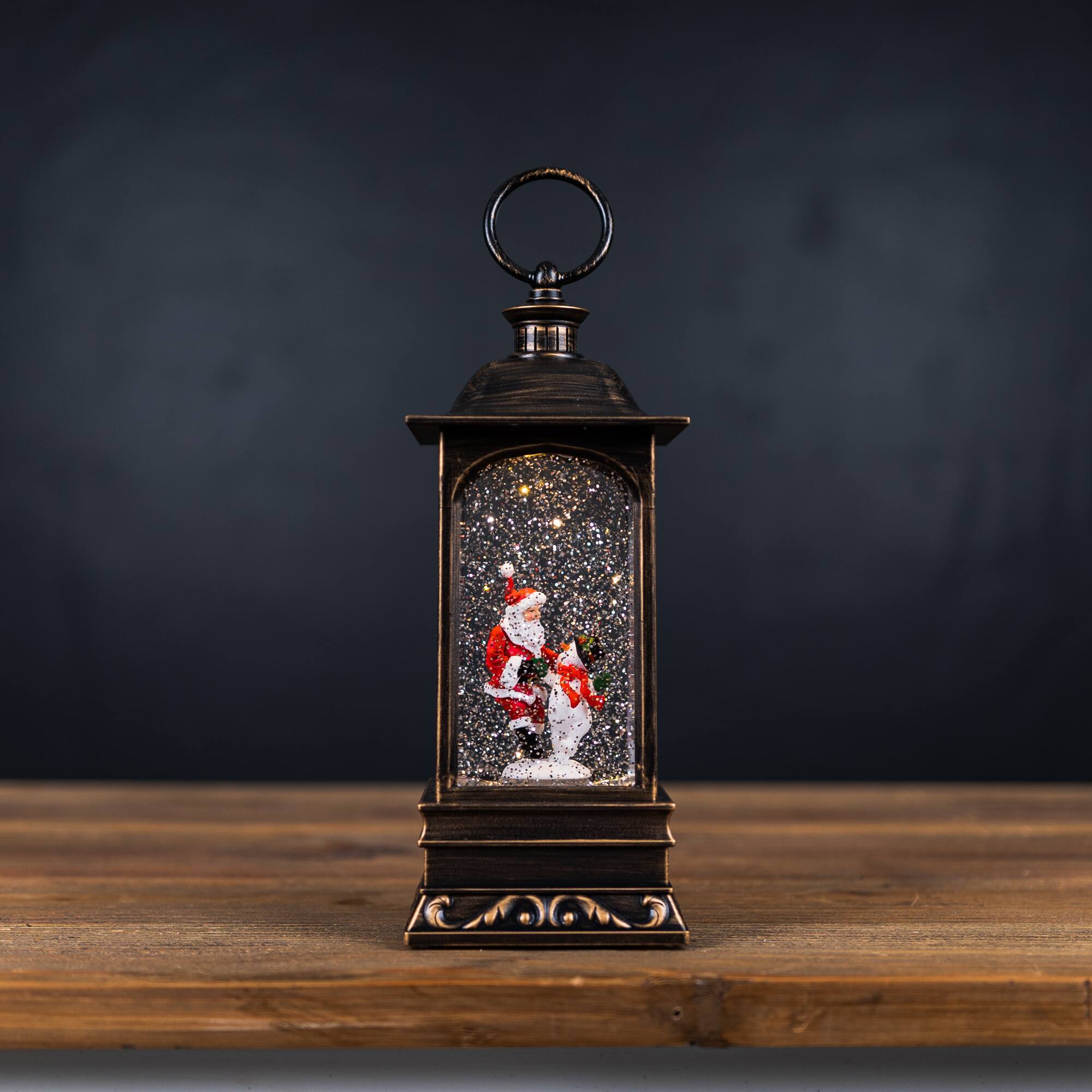 10.5&#x22; LED Snow Globe Lantern with Santa and Snowman