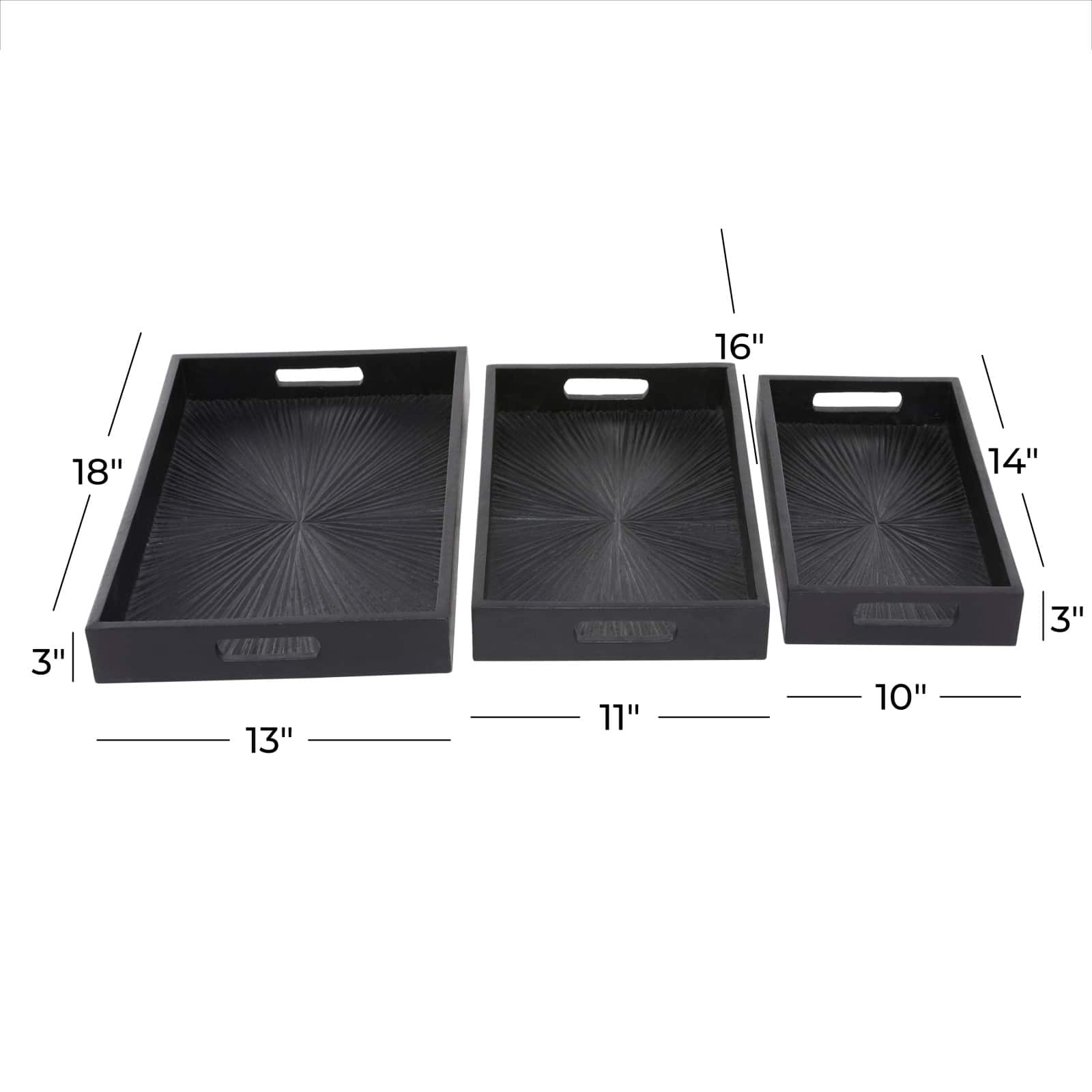 Set of 3&#x22; Black Wood Contemporary Trays, 3&#x22; x 16&#x22; x 10&#x22;