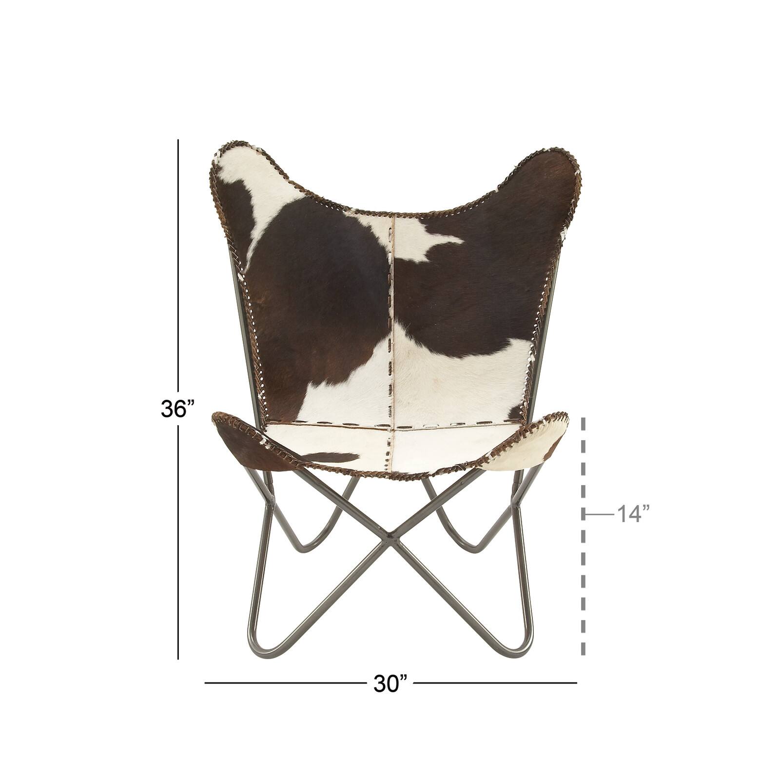 White Cow Hide Leather and Iron Rustic Accent Chair, 36&#x22; x 29&#x22; x 30&#x22;