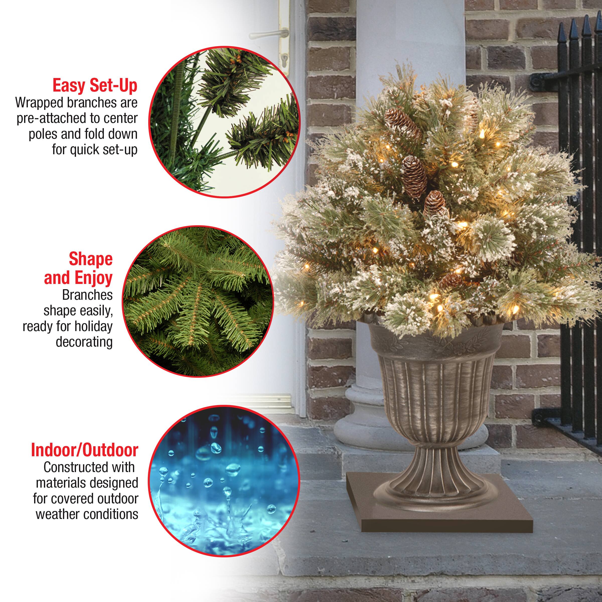 24" Glittery Bristle® Pine Porch Bush in Dark Bronze Plastic Urn with White Tipped Cones