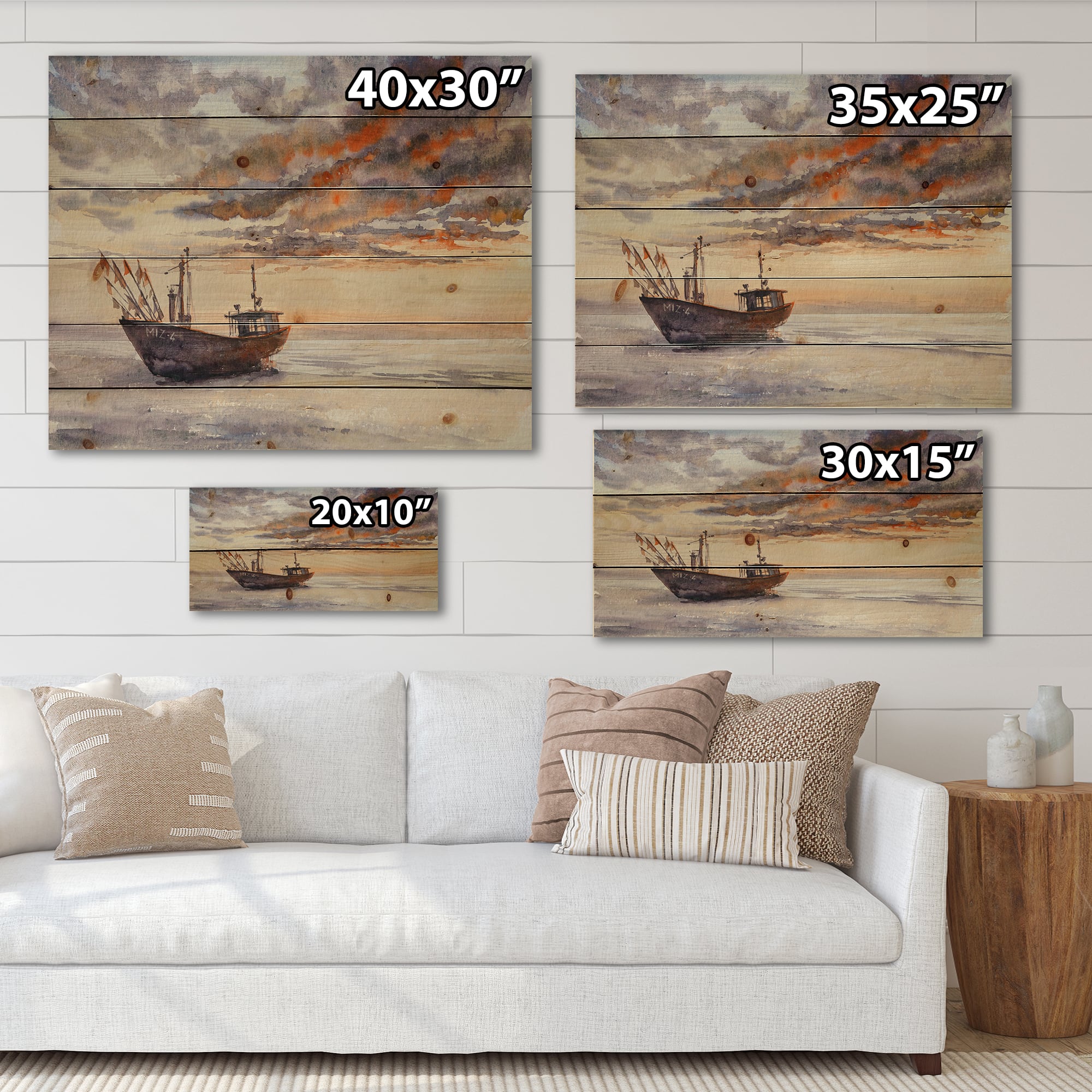 Designart - Wooden Fishing Boat On The Baltic Shore - Nautical &#x26; Coastal Print on Natural Pine Wood