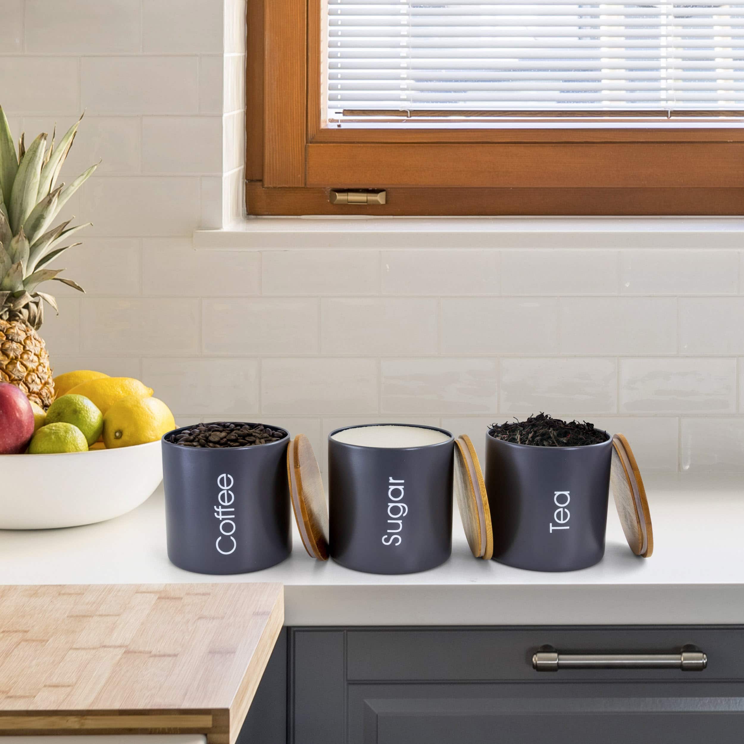 MegaChef Bamboo Kitchen Countertop Gray 4-Piece Metal Bread Basket & Canister Set