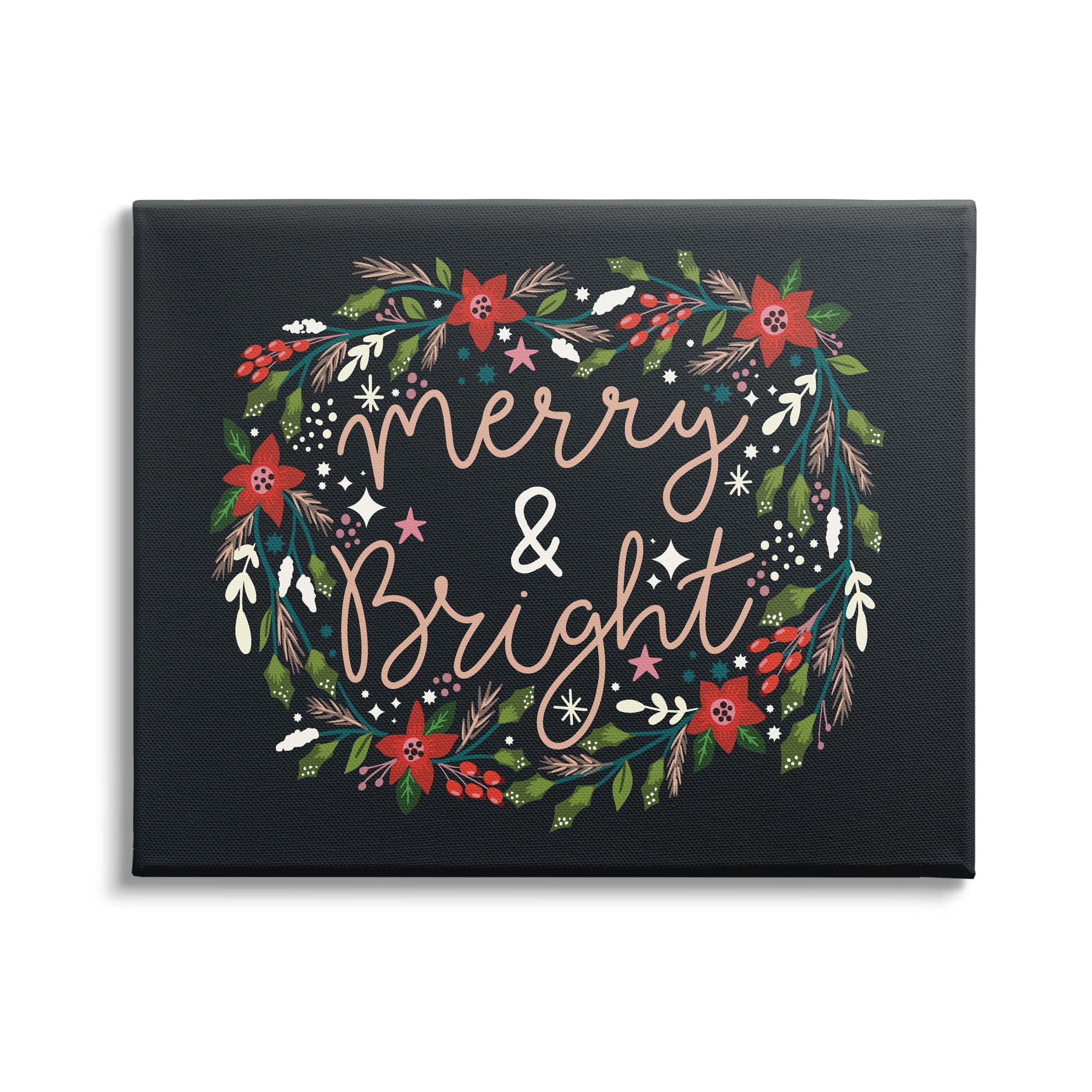 Stupell Industries Merry & Bright Poinsettia Wreath Canvas Wall Art