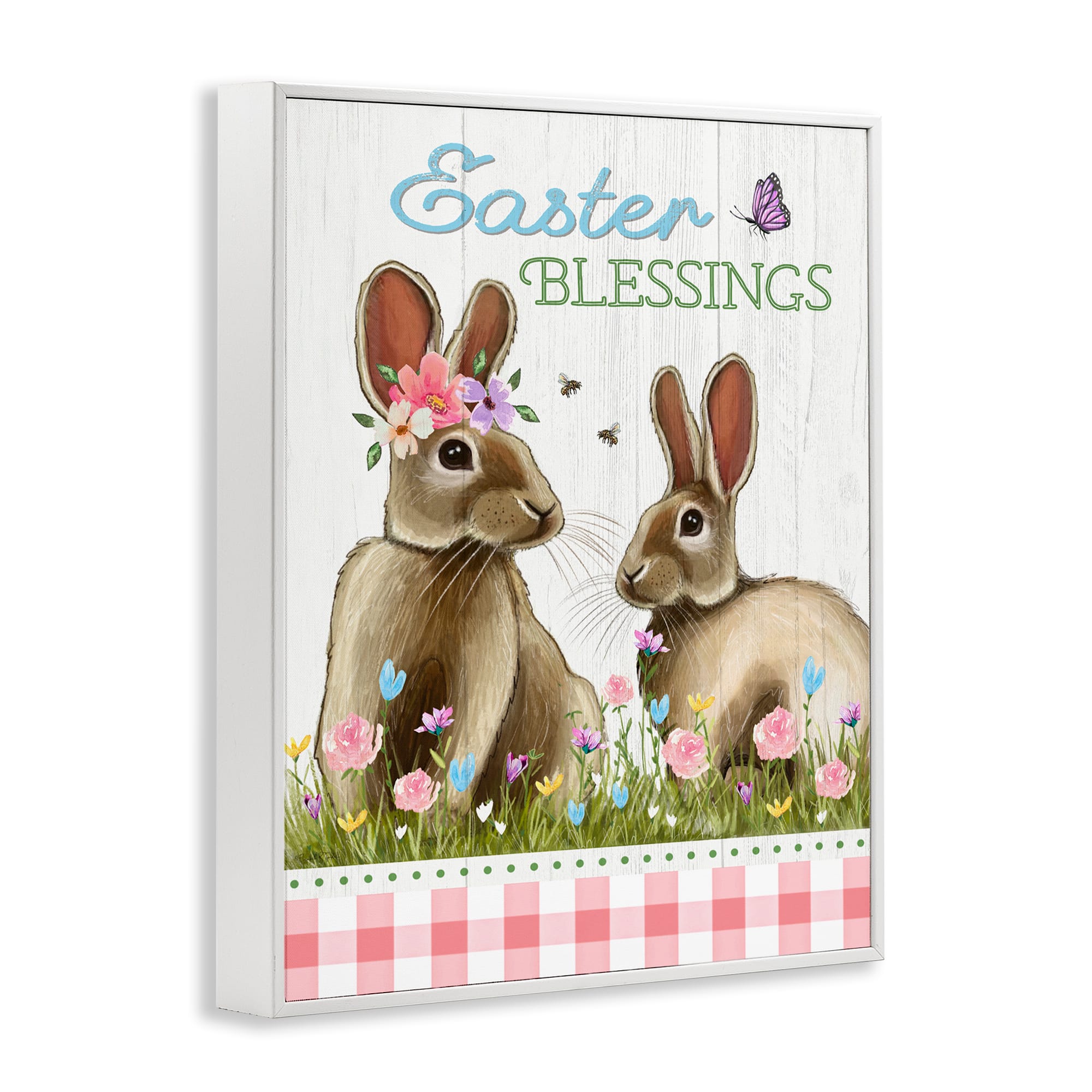Stupell Industries Easter Blessings Gingham Spring Bunnies Framed Giclee Art