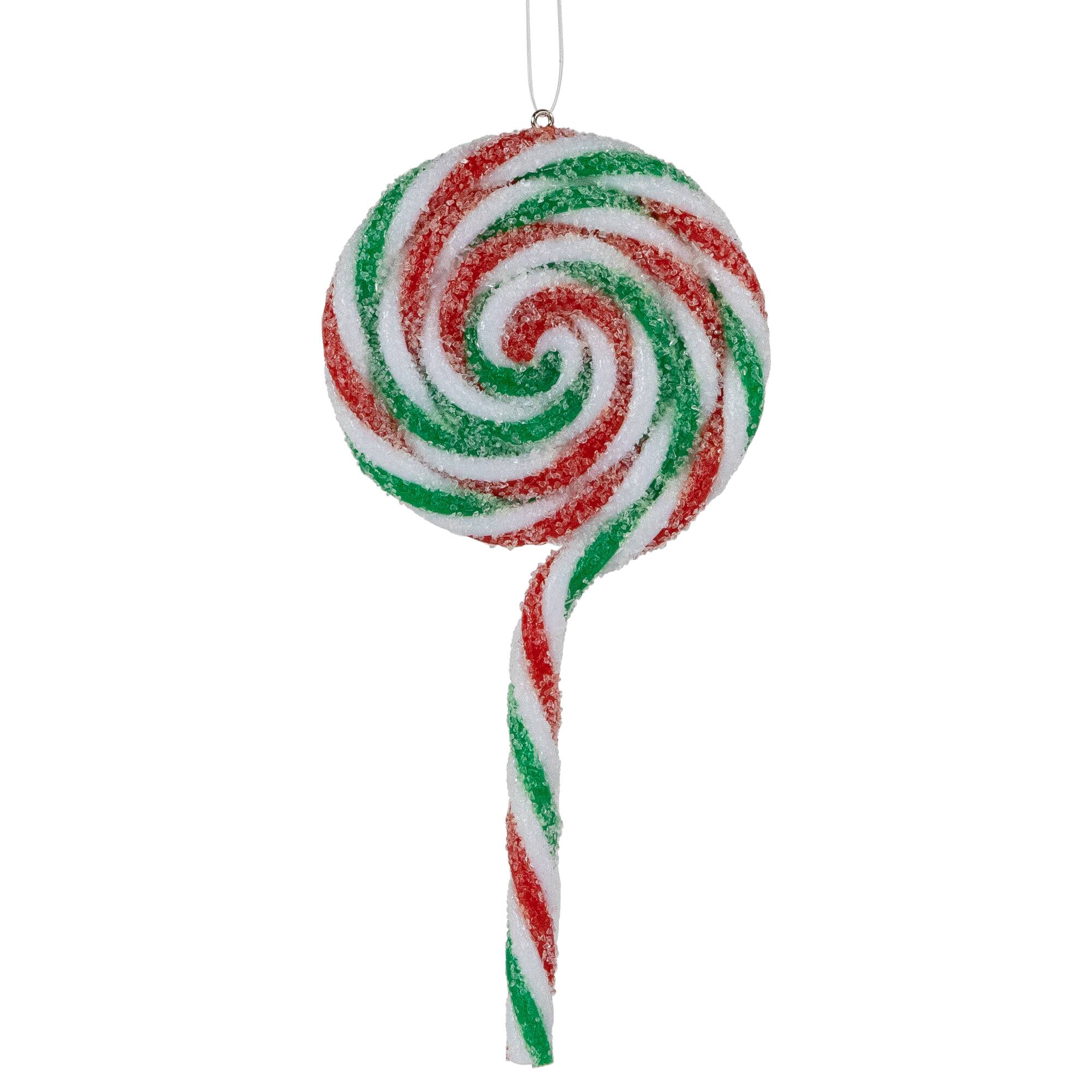 6ct Frosted White  Green and Red Lollipop Christmas Ornaments 7"