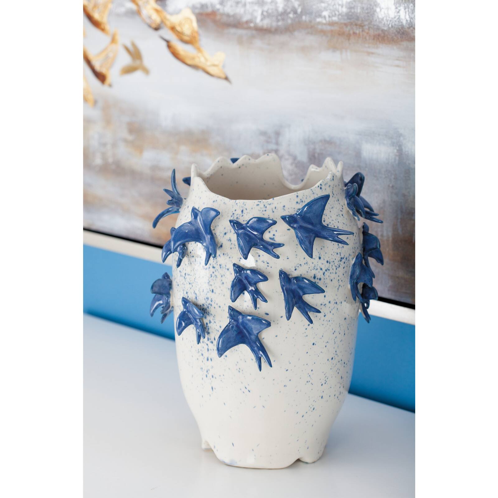 White Ceramic Coastal Vase, 12&#x22; x 9&#x22; x 9&#x22;