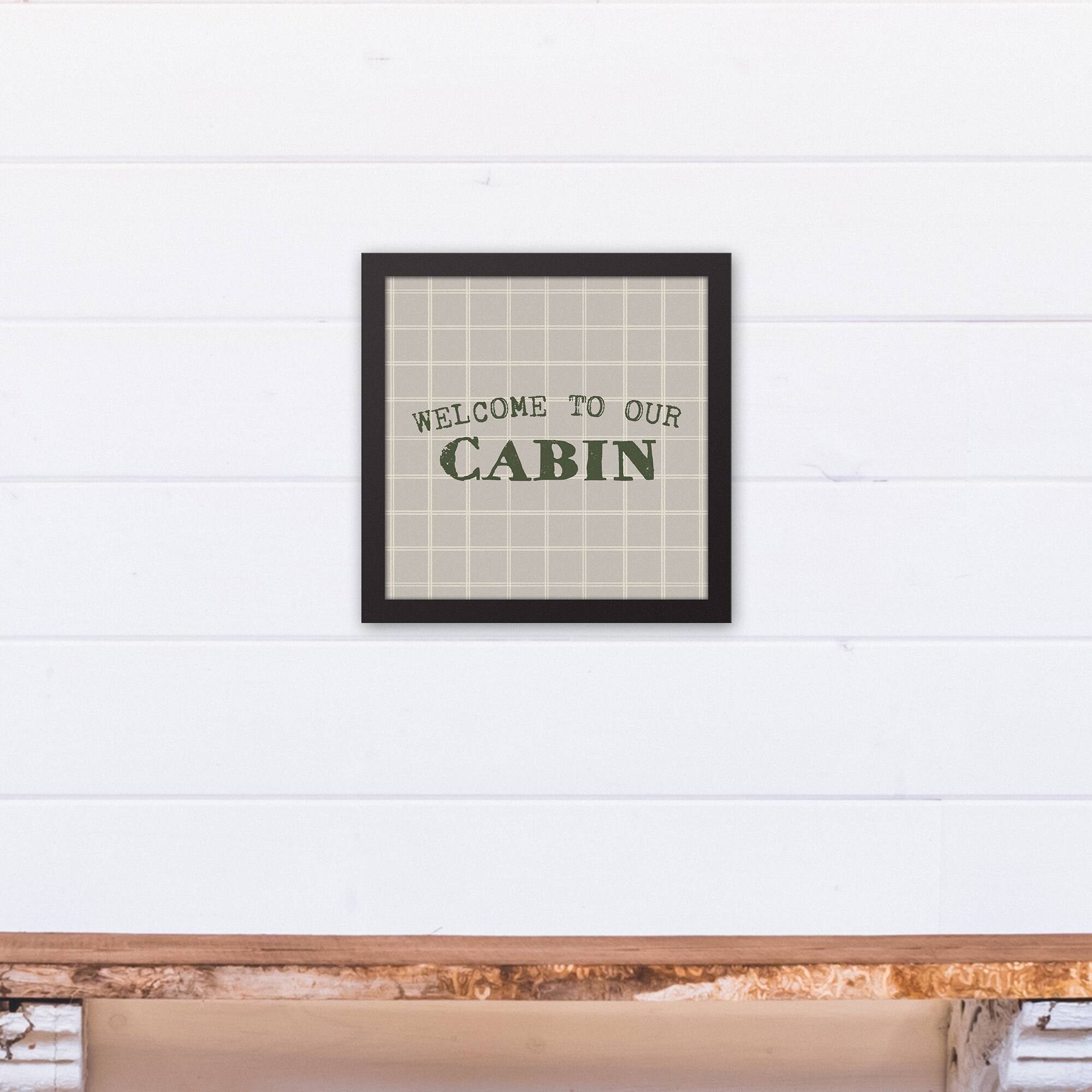 Welcome To Our Cabin Gray and White Check Canvas Wall Art in Black Frame