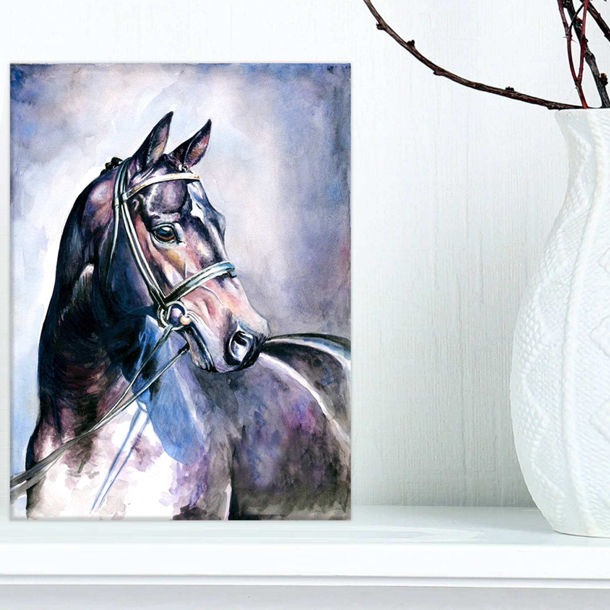 Designart - Black Horse with Bridle - Abstract Canvas Art Print