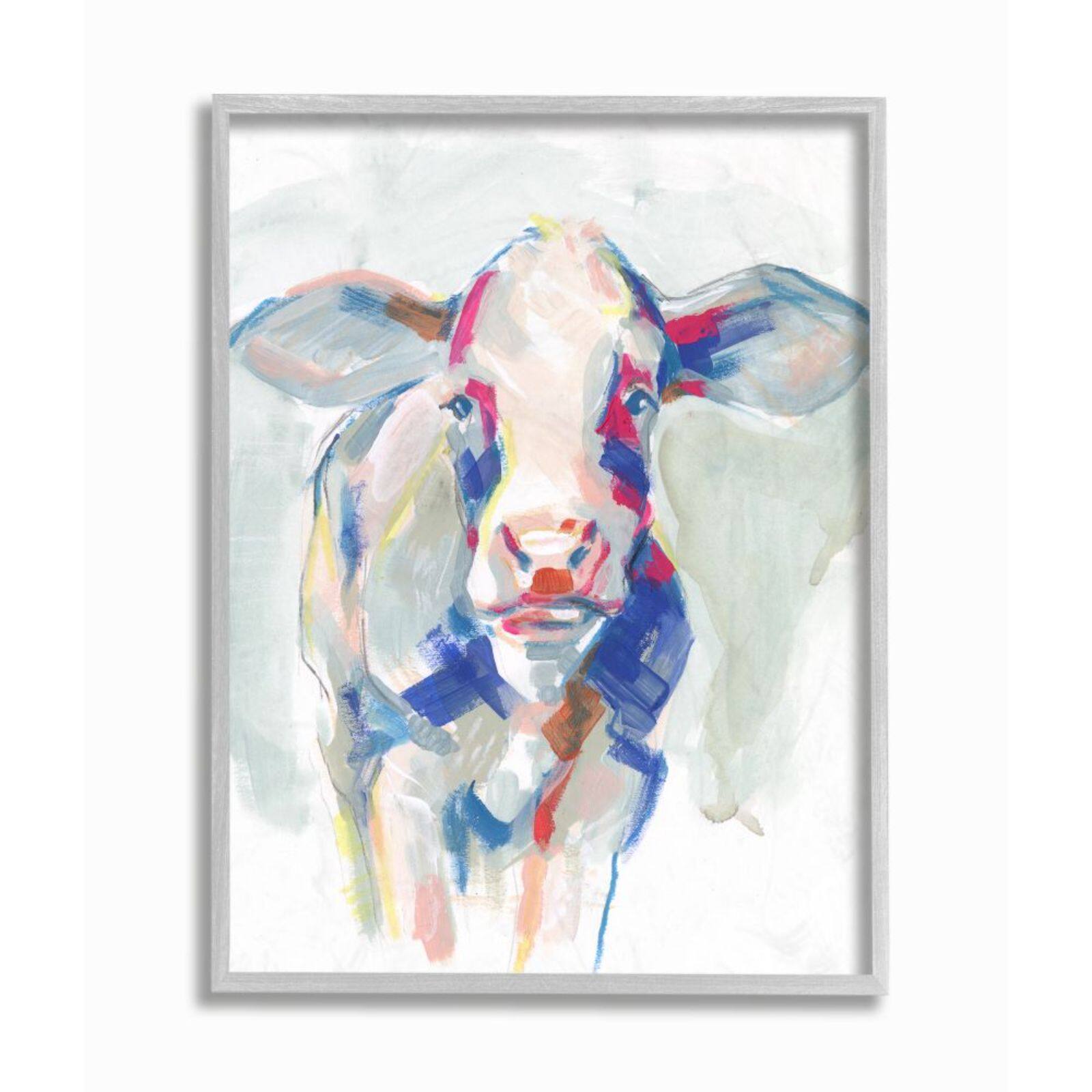Stupell Industries Colorful Cow Animal Painting with Gray Frame Wall Accent