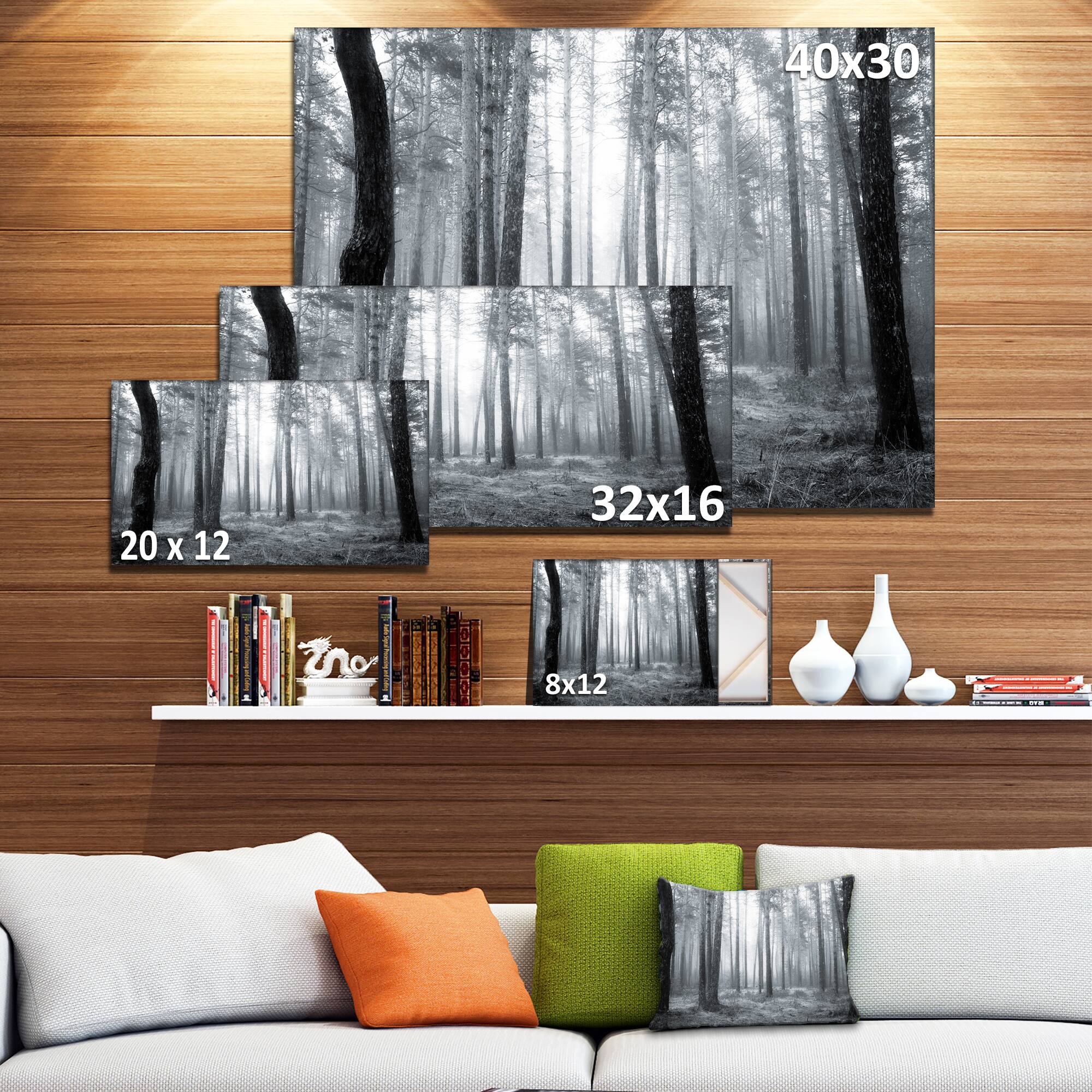 Designart - Black and White Foggy Forest - Forest Canvas Art Print