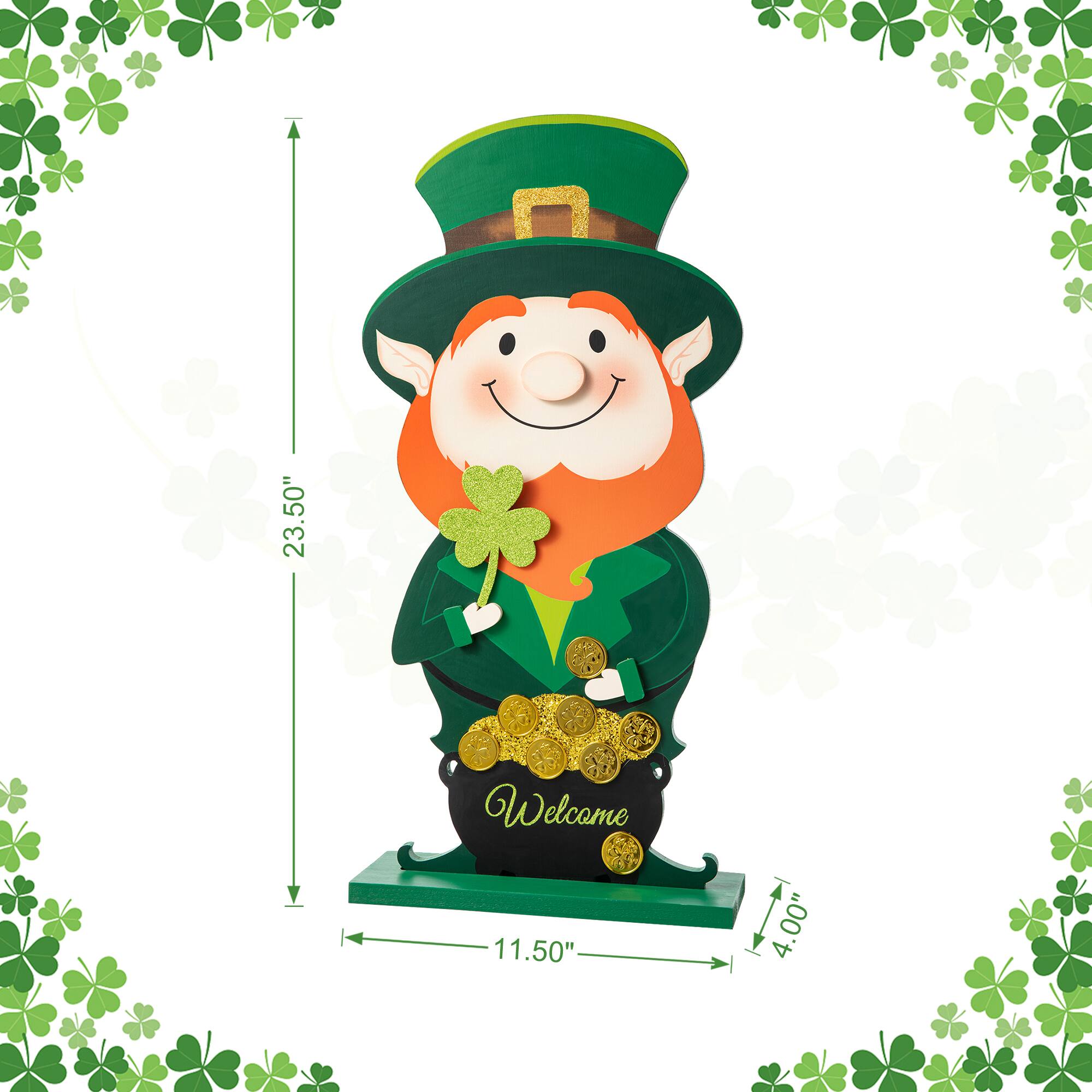 Glitzhome&#xAE; 23.5&#x22; St. Patrick&#x27;s Wooden Leprechaun Pot of Gold Porch D&#xE9;cor