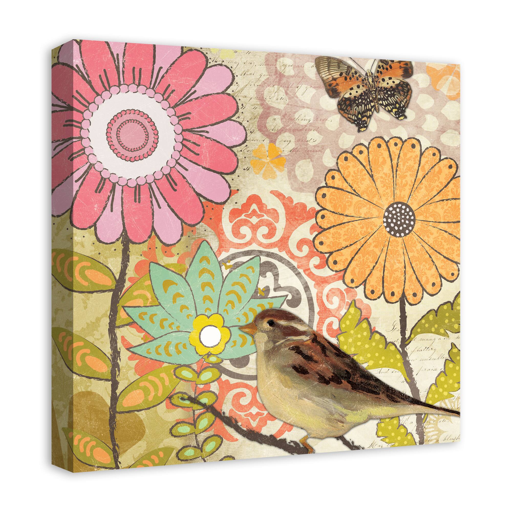 Flower Medallions With Bird 20" x 20" Canvas Wall Art