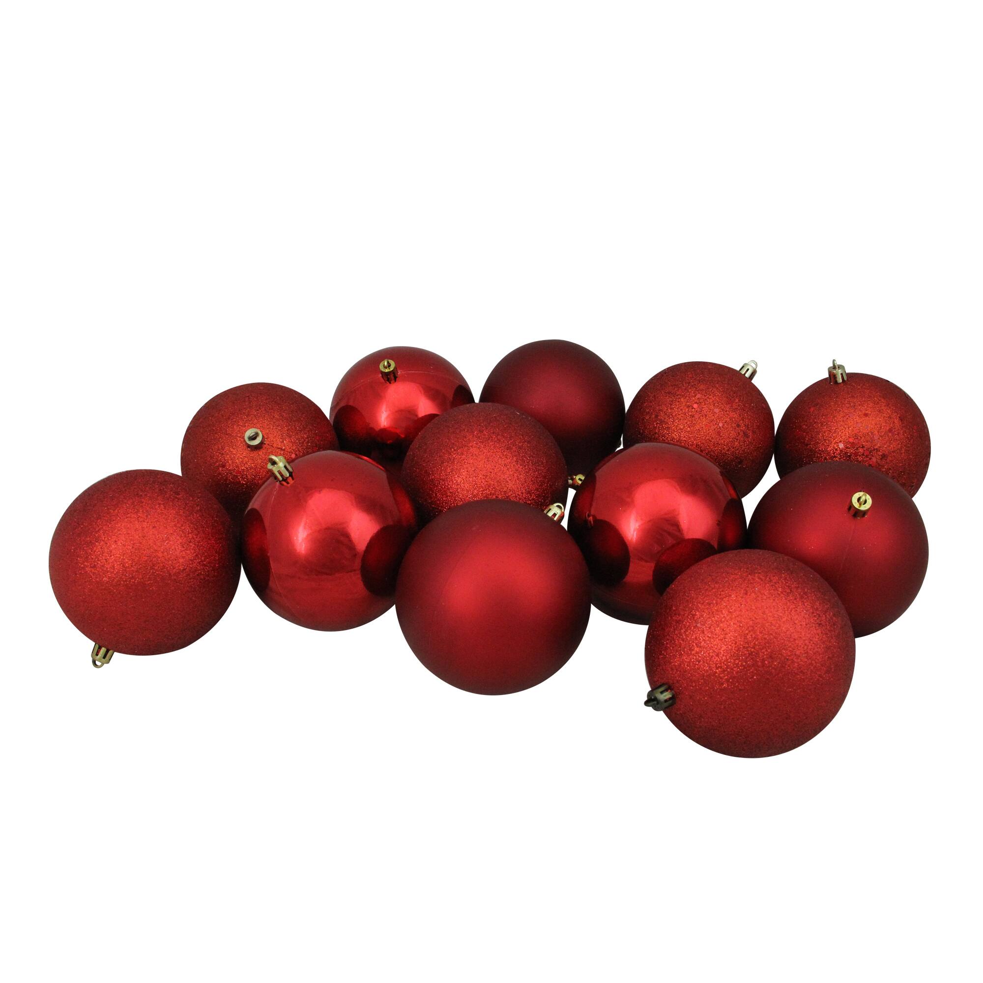 12ct. 4&#x22; Red Shatterproof 4-Finish Christmas Ball Ornaments