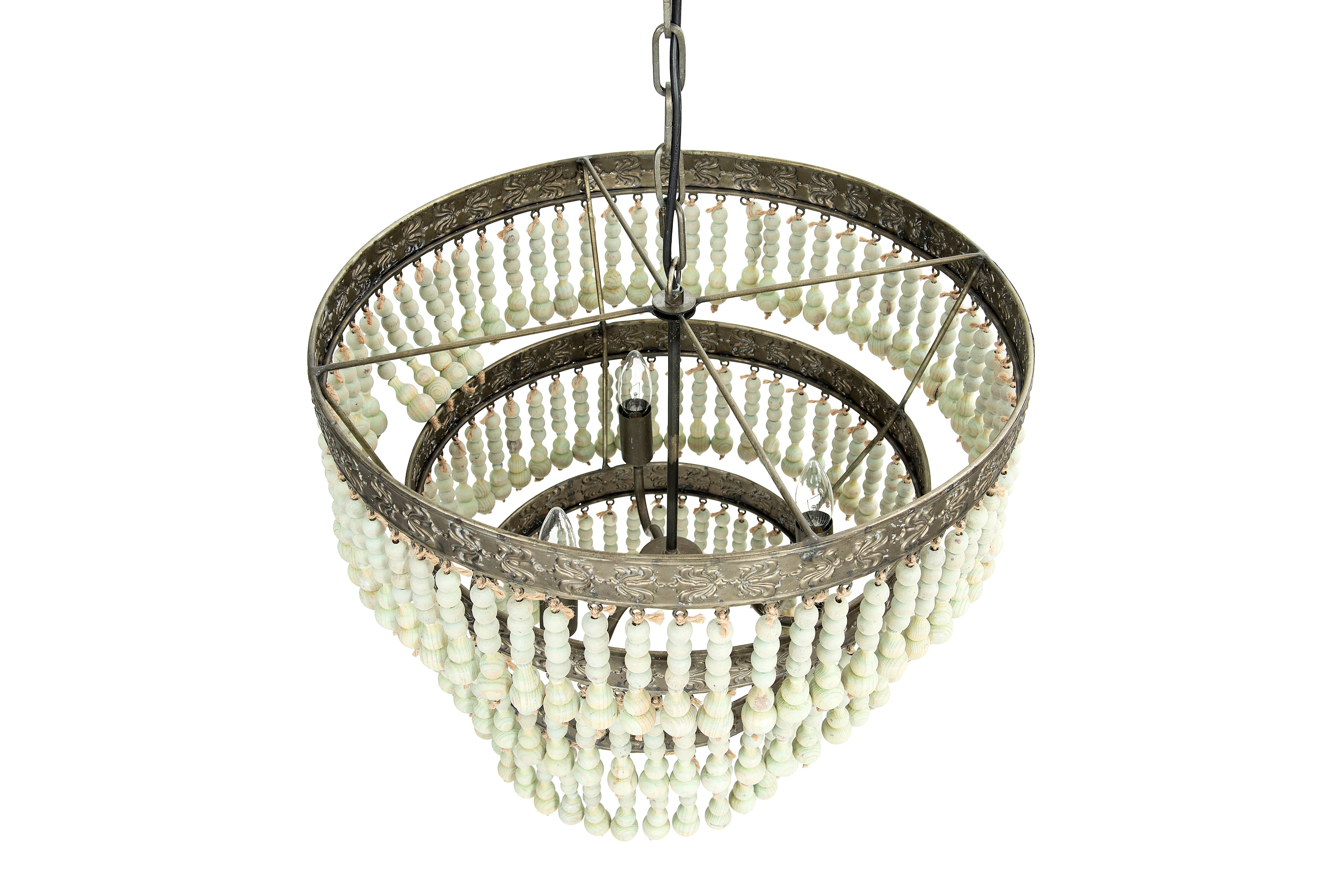 Hello Honey® 21.3" 3-Tier Round Metal Chandelier With 3 Lights & Hanging Wood Beads
