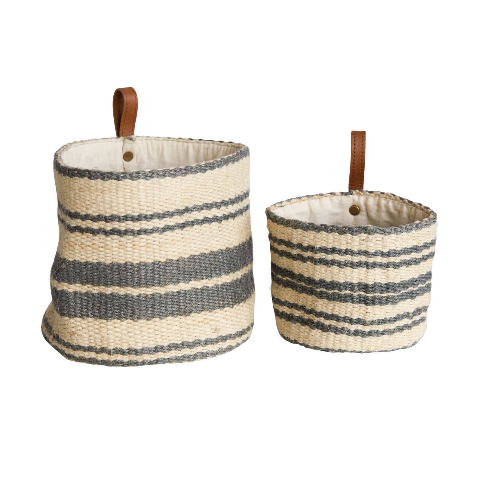 Cream & Blue Striped Jute Wall Baskets with Leather Loops Set