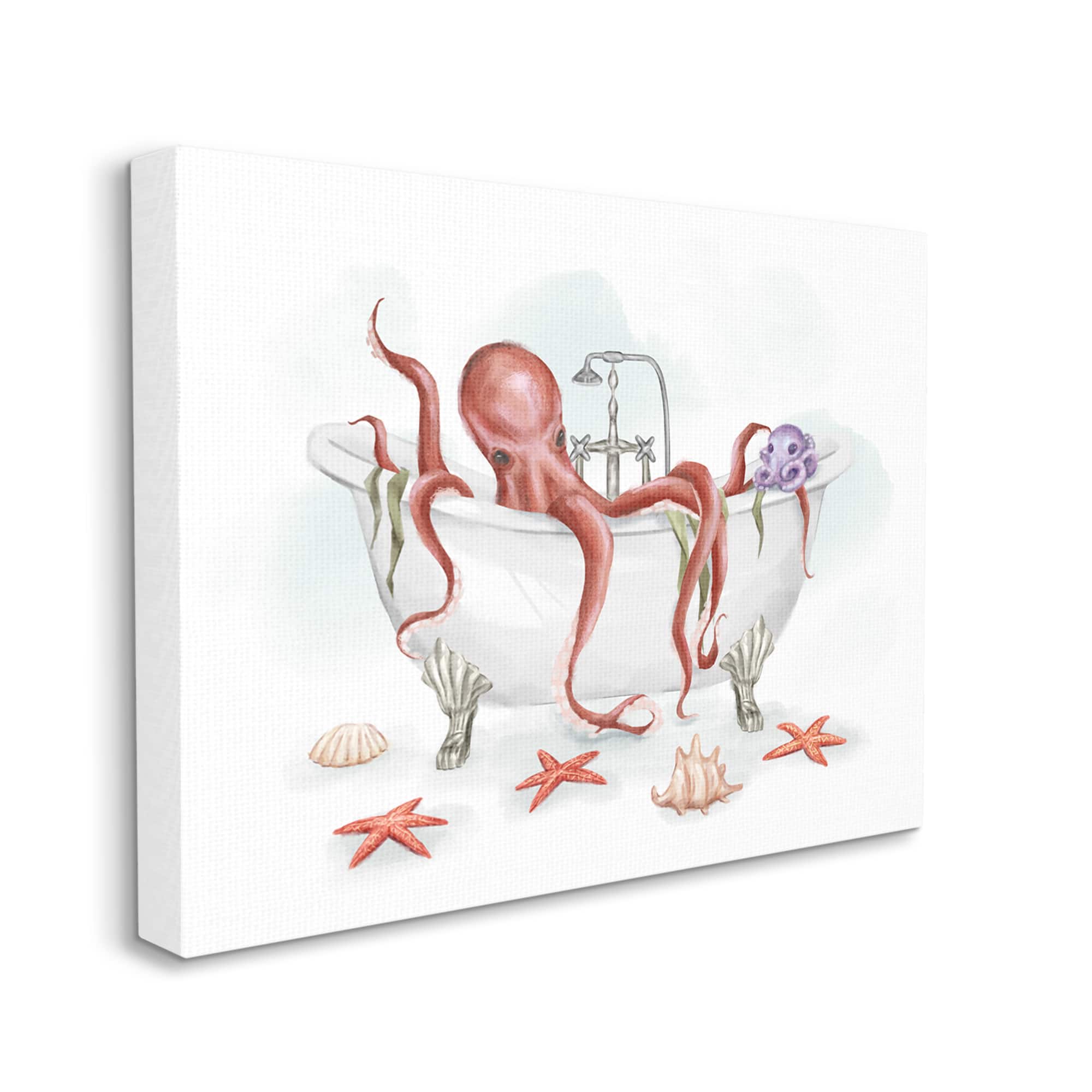 Stupell Industries Red Octopus Nautical Claw Bath Sea Shells Canvas Wall Art