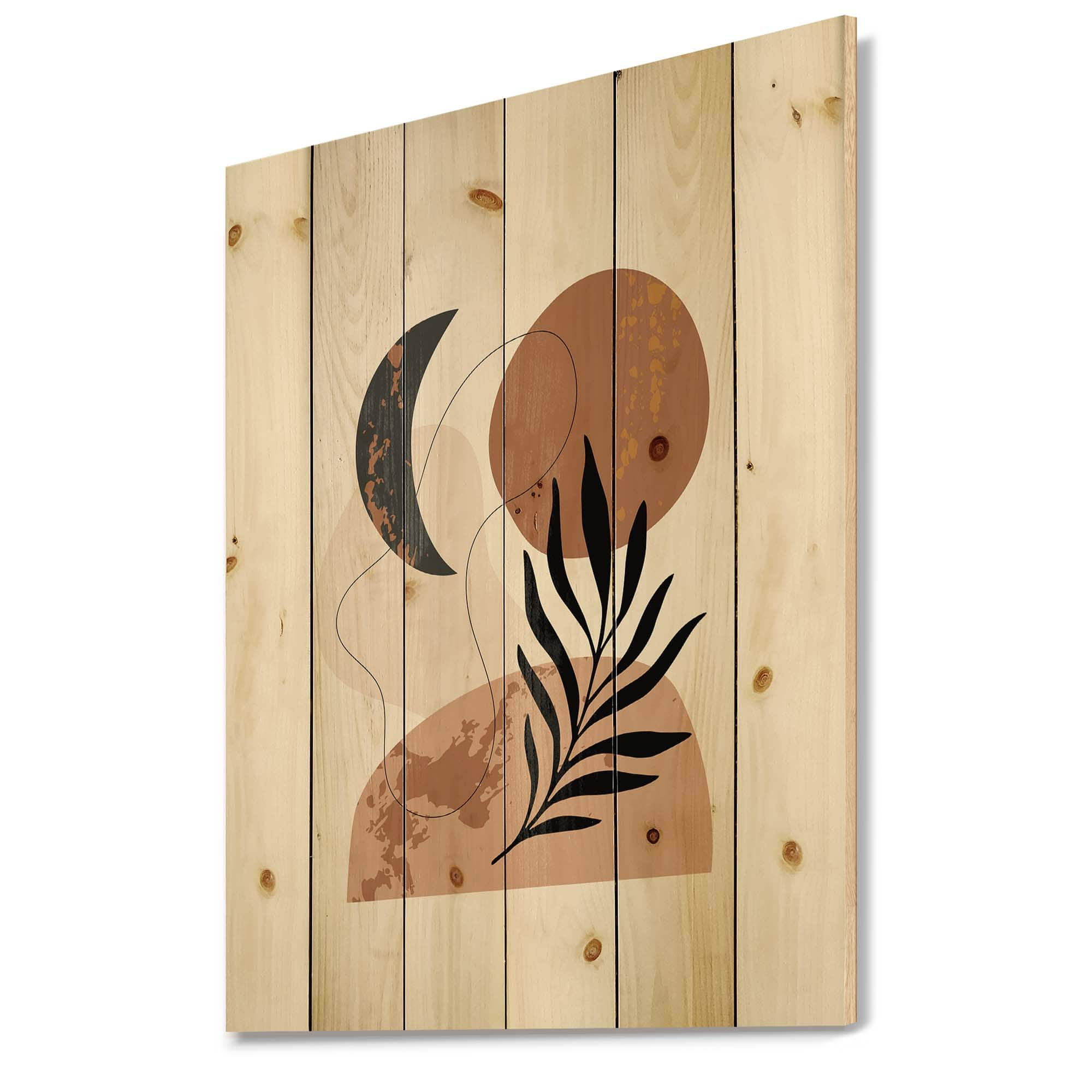 Designart - Moon &#x26; Sun Shapes In Retro Terracotta Tones I - Modern Print on Natural Pine Wood