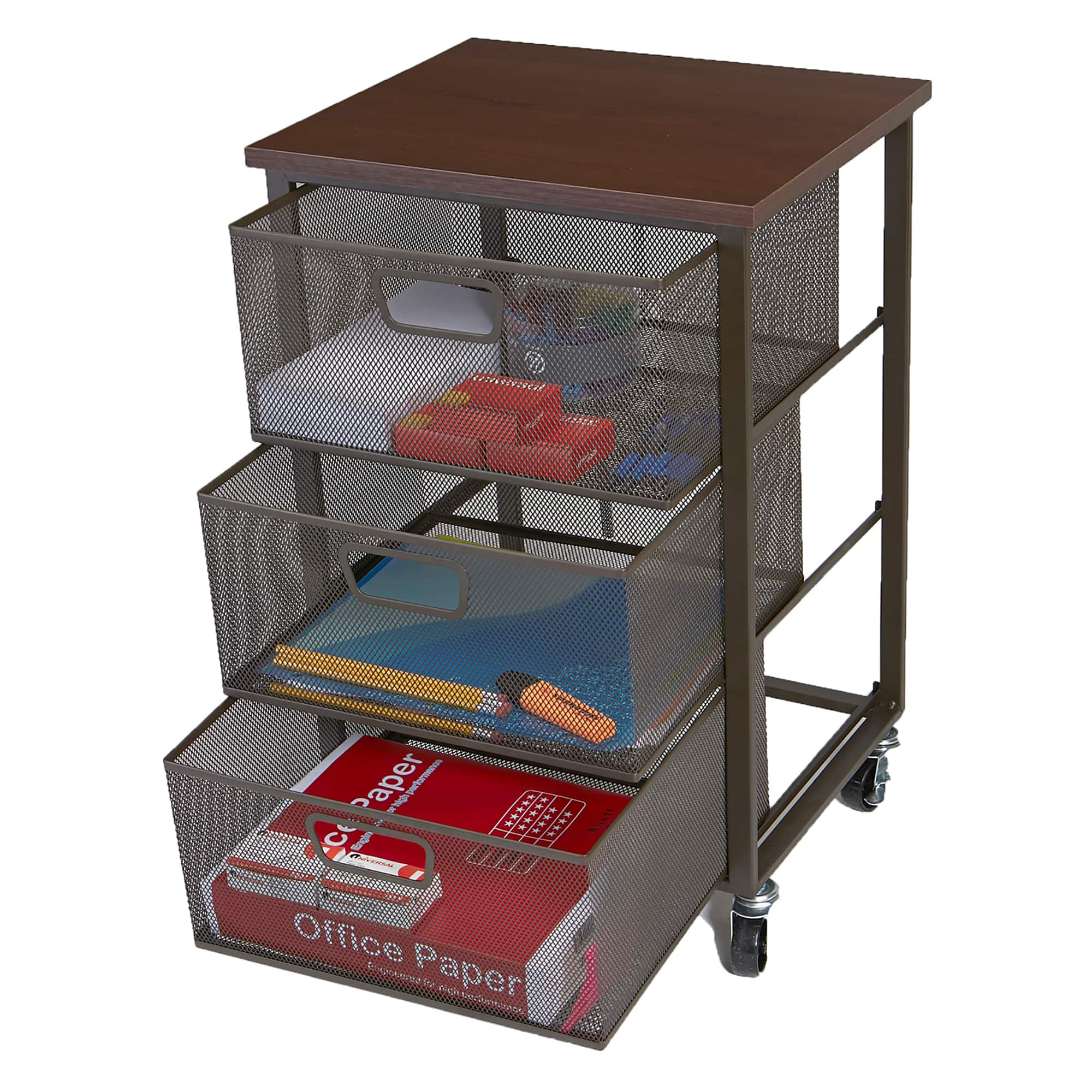 Mind Reader Black 3-Tier Metal Rolling File Cart with Drawers