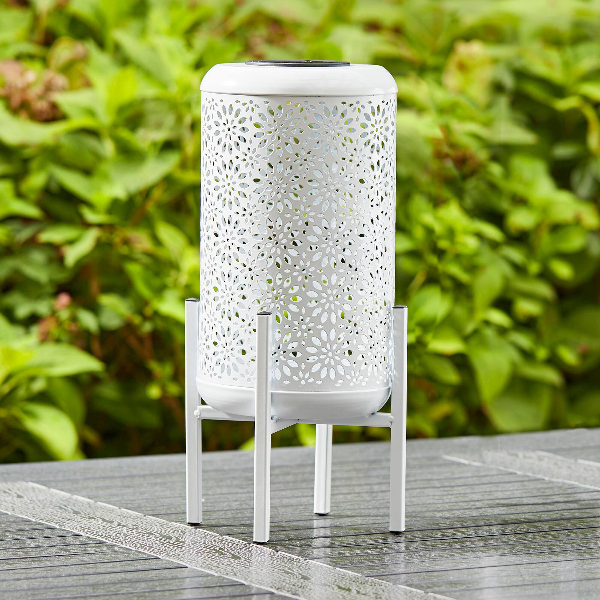 Glitzhome® 14.25" White Metal Cutout Flower Pattern Solar Powered LED Outdoor Lantern