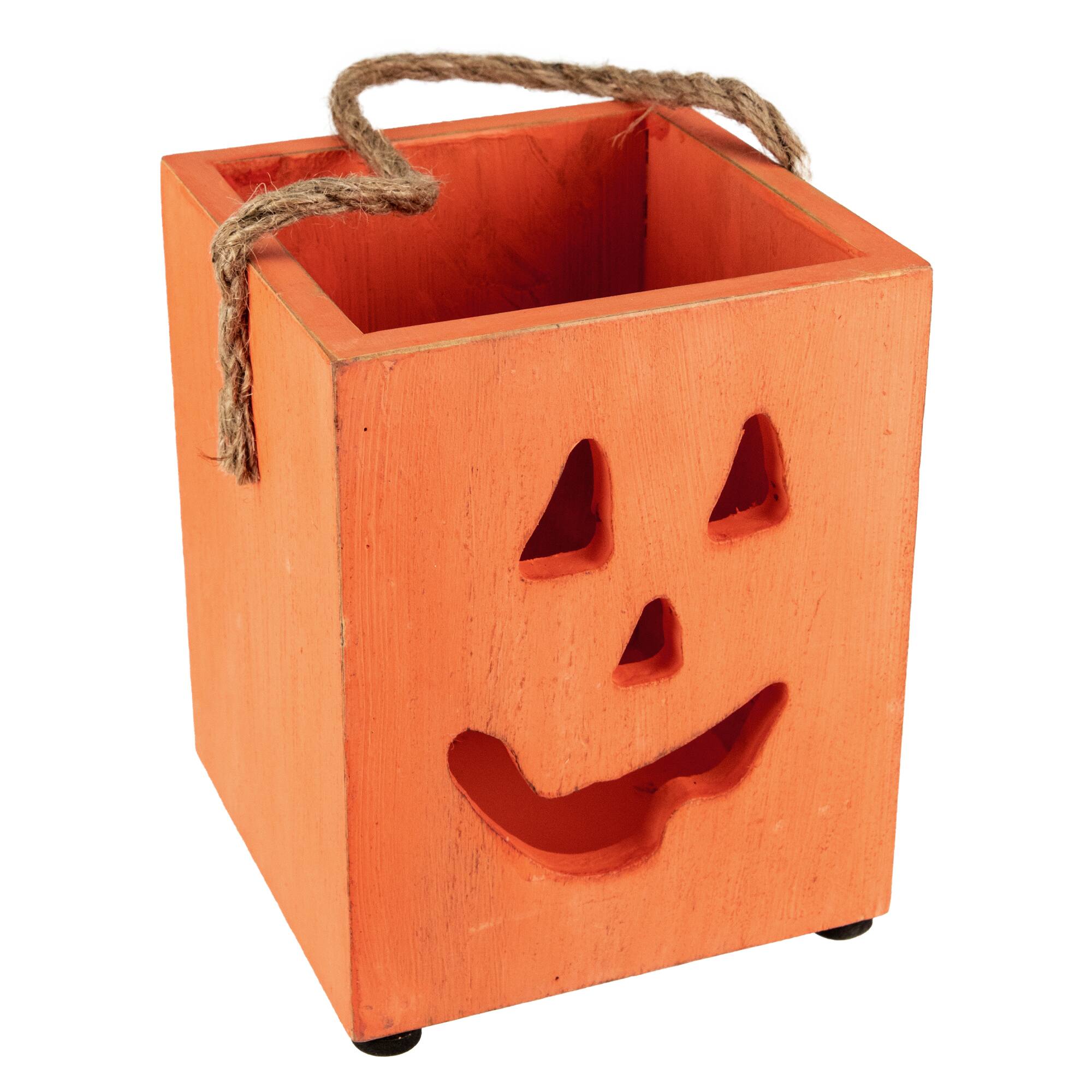 6&#x22; Orange Wood Jack-O-Lantern Halloween Candle Lantern
