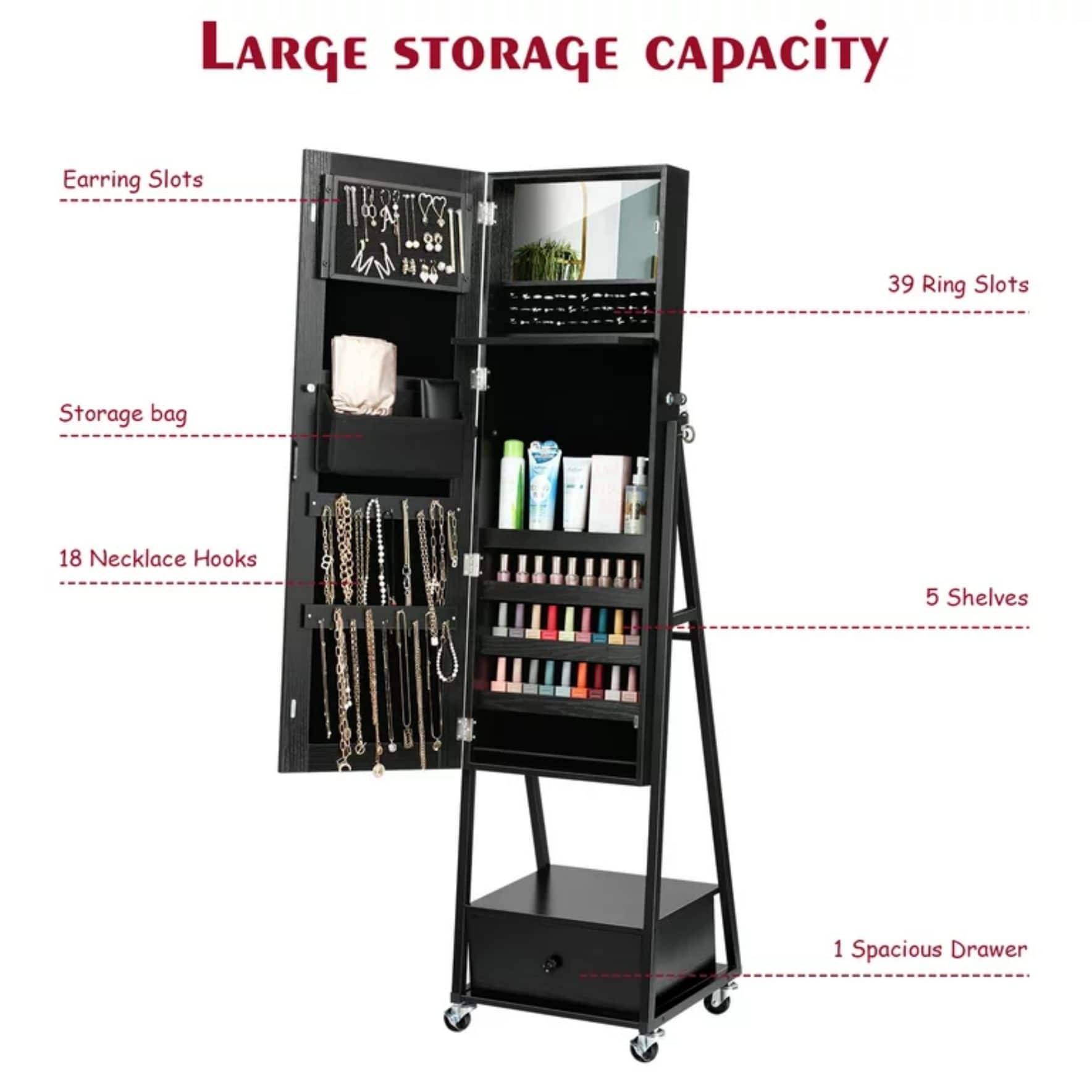 NEX&#x2122; 5ft. Black Jewelry Armoire on Casters with Chest Drawer