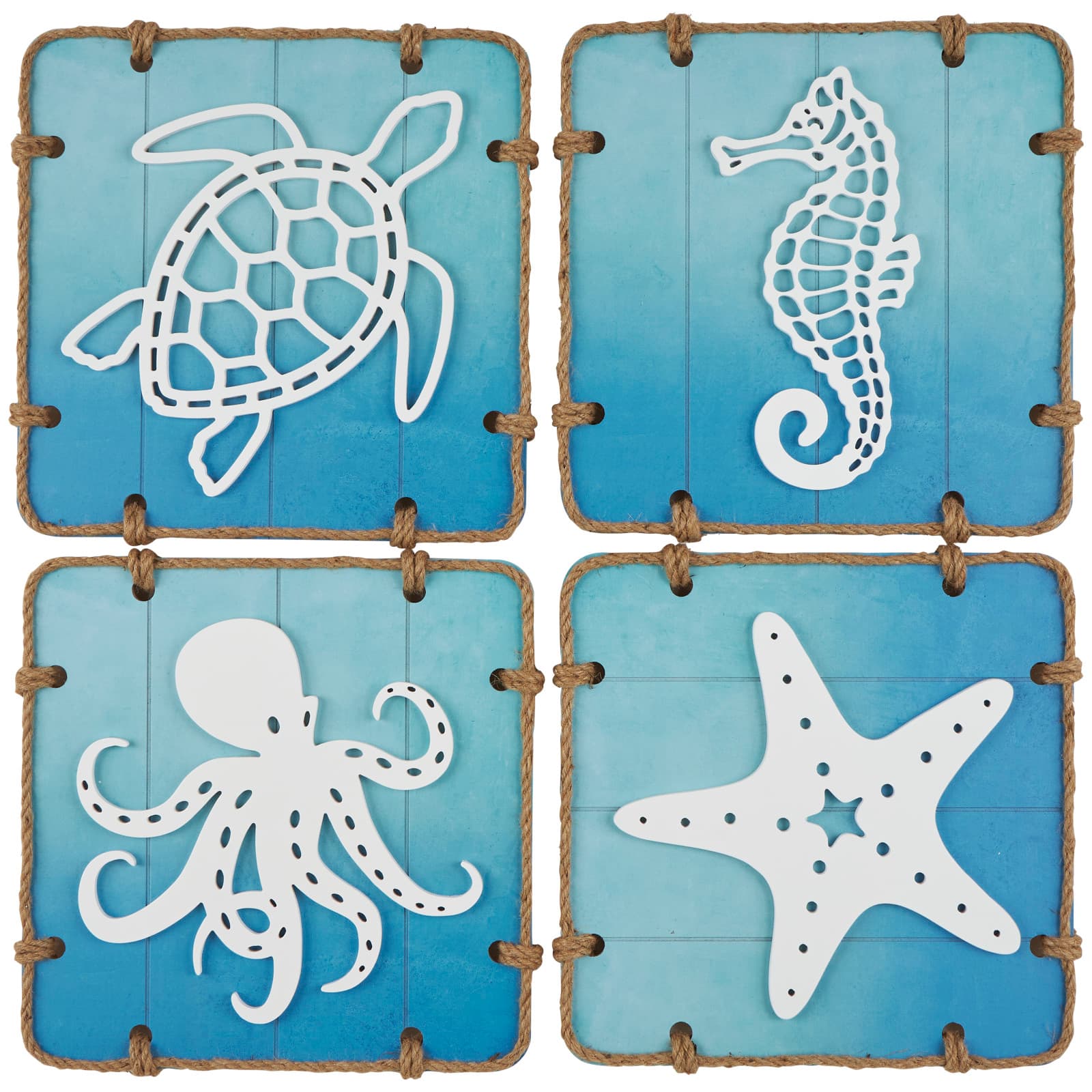 16" x 16" Blue Wooden Sea Life Ombre Wall Decor with Rope Accents Set