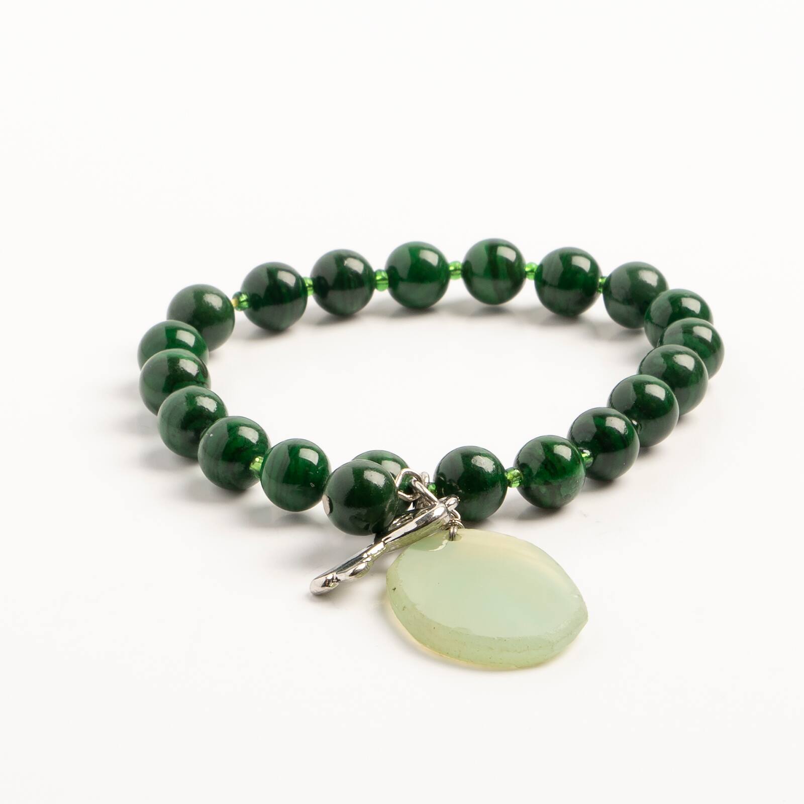 John Bead Malachite Natural Stone Stretch Bracelet with Agate &#x26; Key Charm