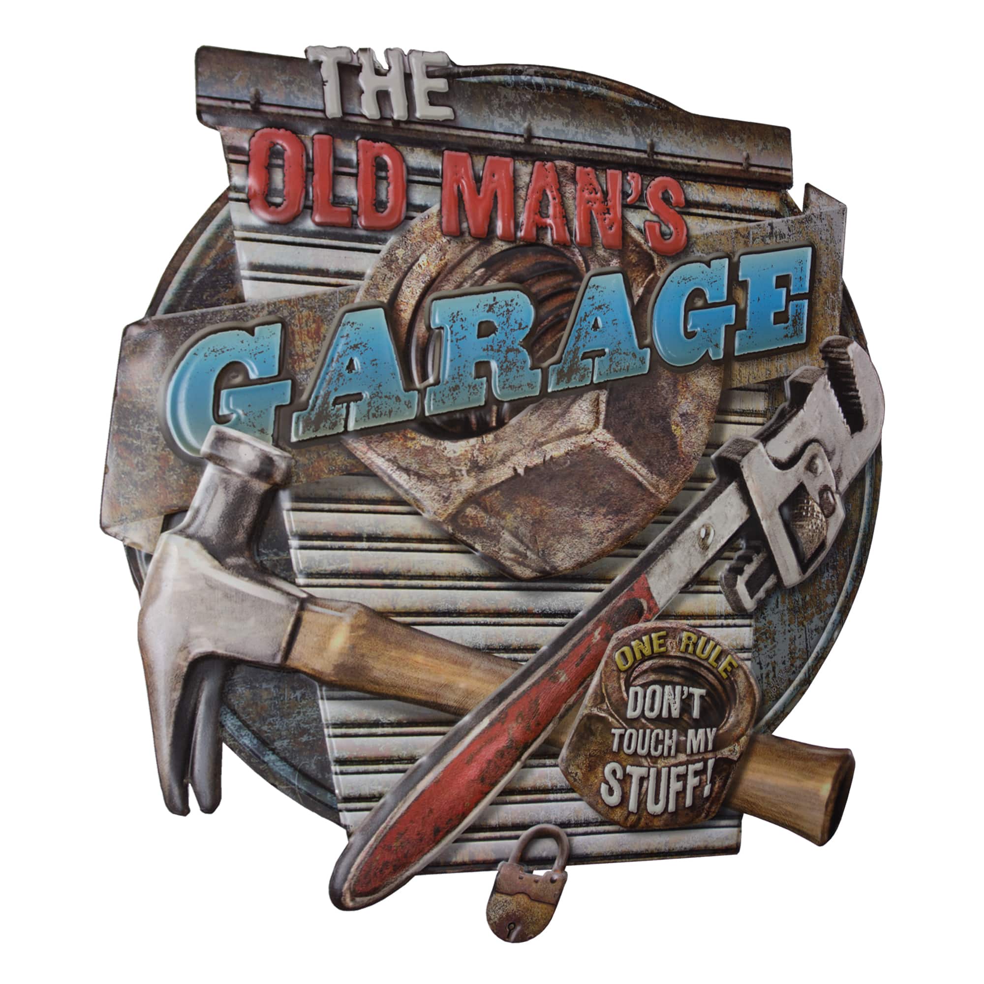 American Art D&#xE9;cor&#x2122; 16.5&#x22; The Old Man&#x27;s Garage Embossed Metal Sign