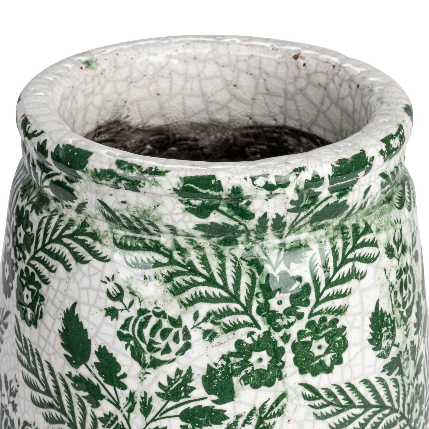 Hello Honey® 10.75" Green & White Flower Patterned Terra Cotta Planter Vase with Crackle Glaze