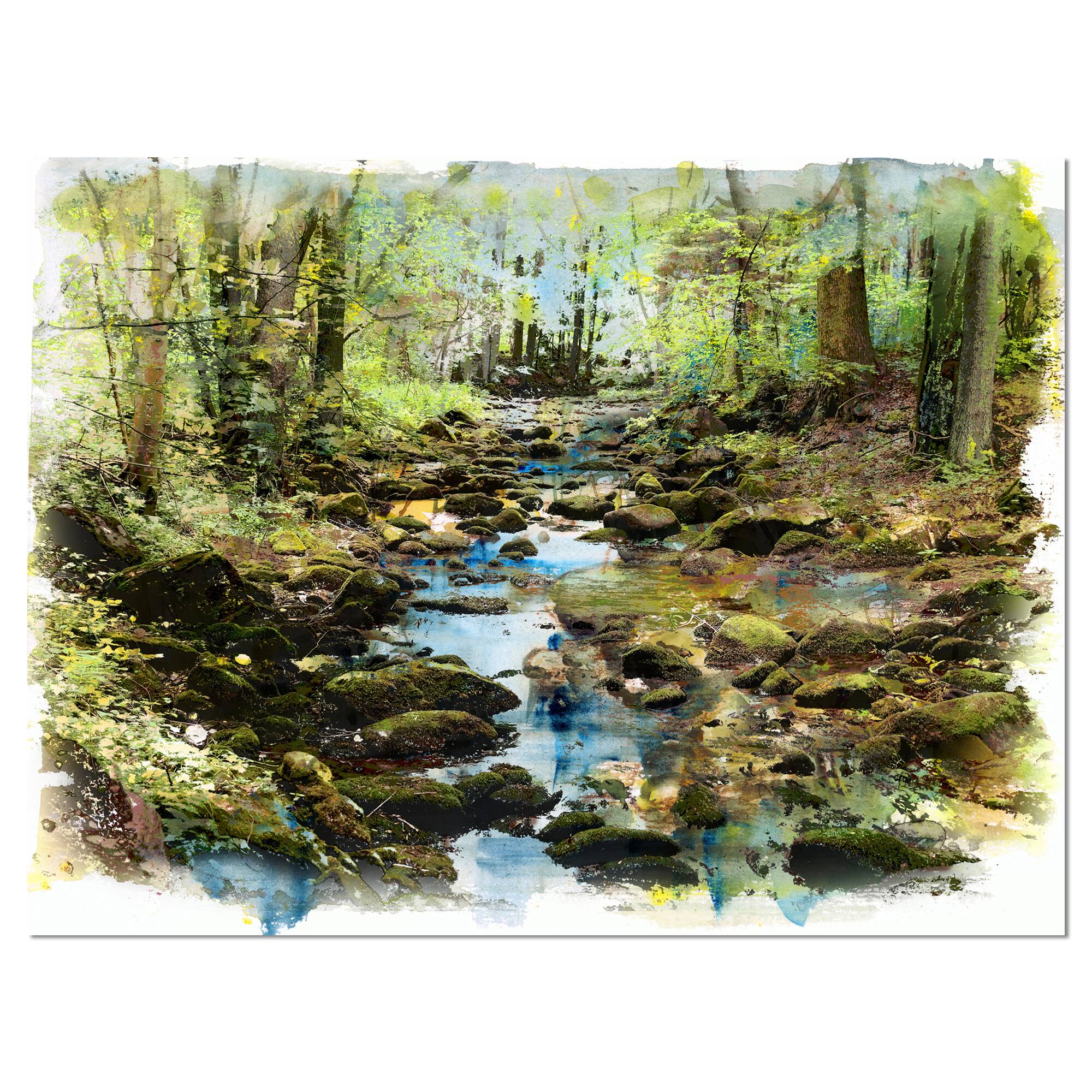 Designart - Stream in the Forest - Landscape Painting Canvas Print