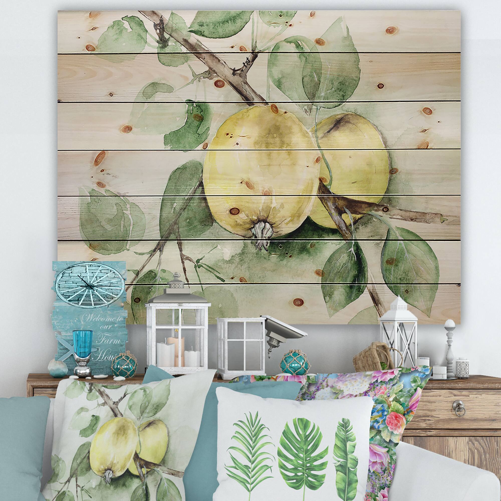 Designart - Vintage Green Appels - Farmhouse Print on Natural Pine Wood