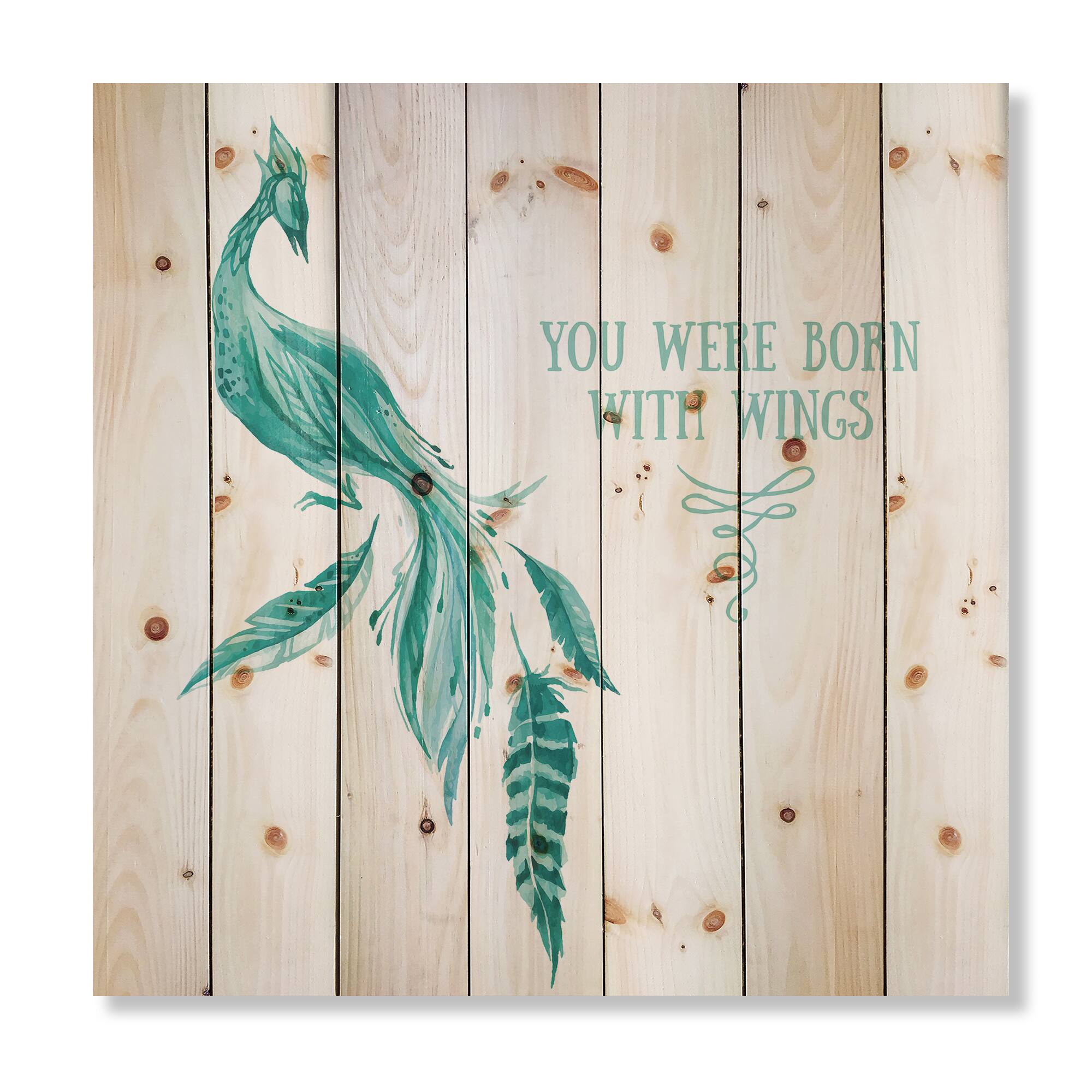 Designart - Mystic Mint Bird You Were Born With Wings - Traditional Print on Natural Pine Wood