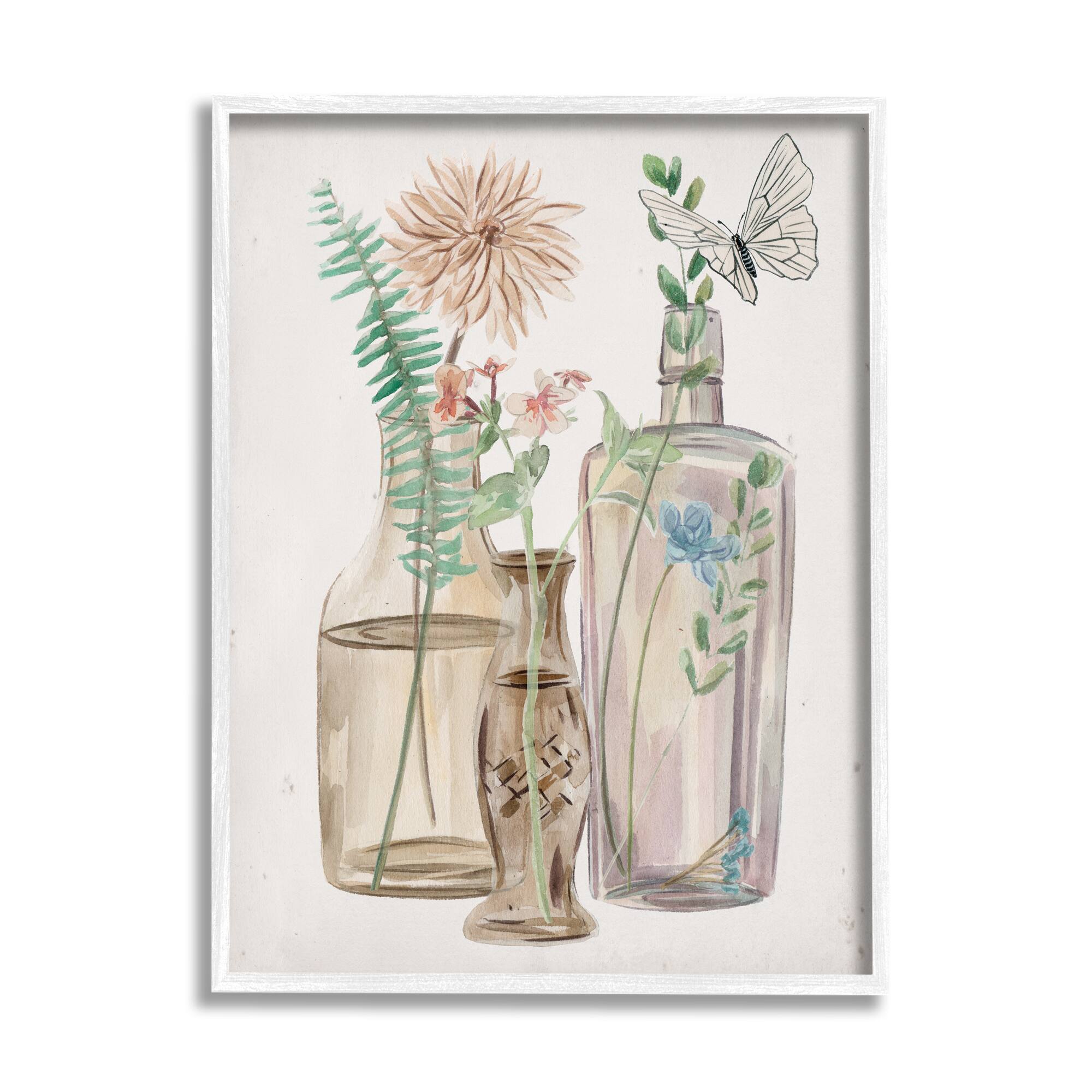 Stupell Industries Spring Meadow Bouquets Country Glasses Butterfly Florals in White Frame Wall Art
