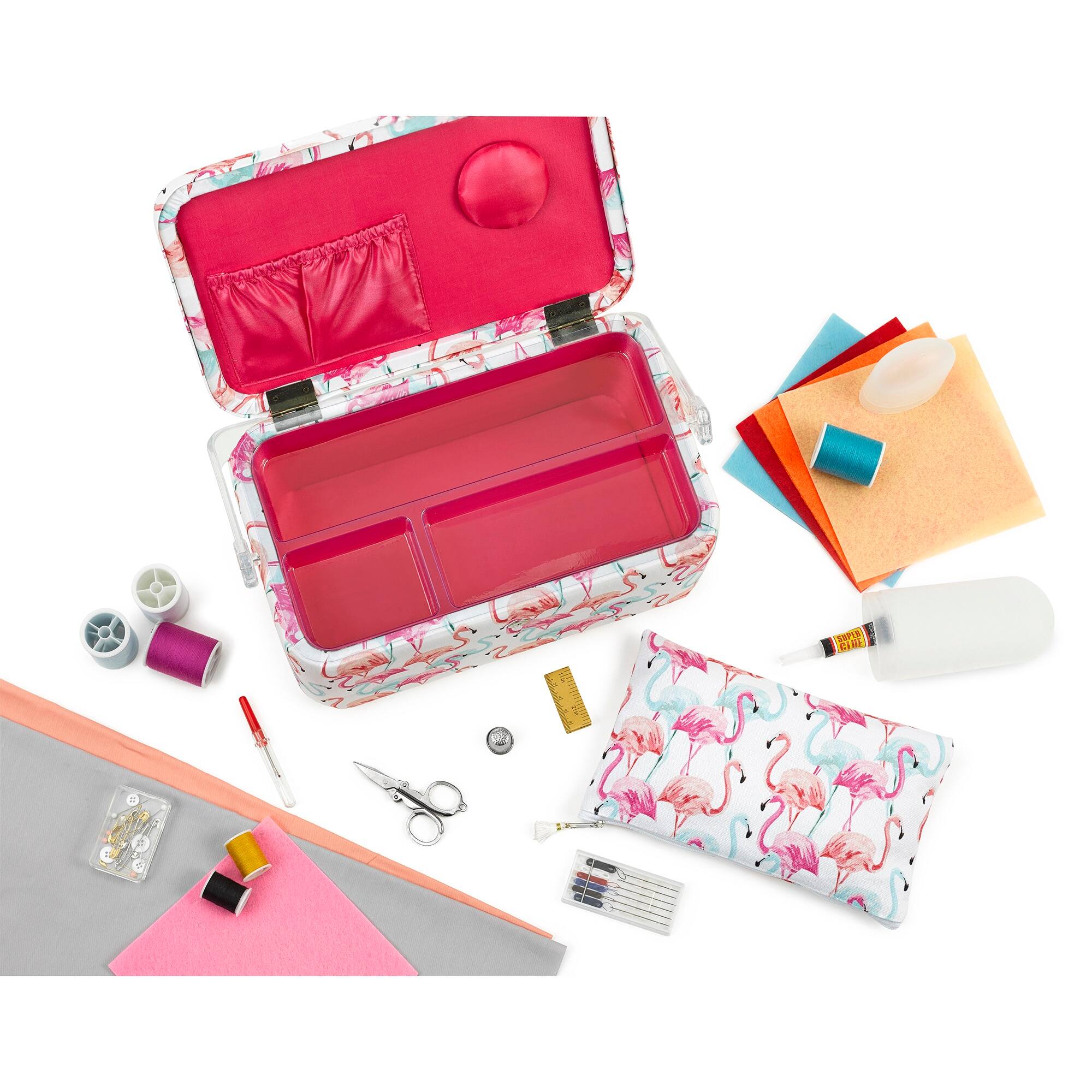 SINGER® Large Flamingo Print Sewing Basket with Matching Pouch Sew Kit