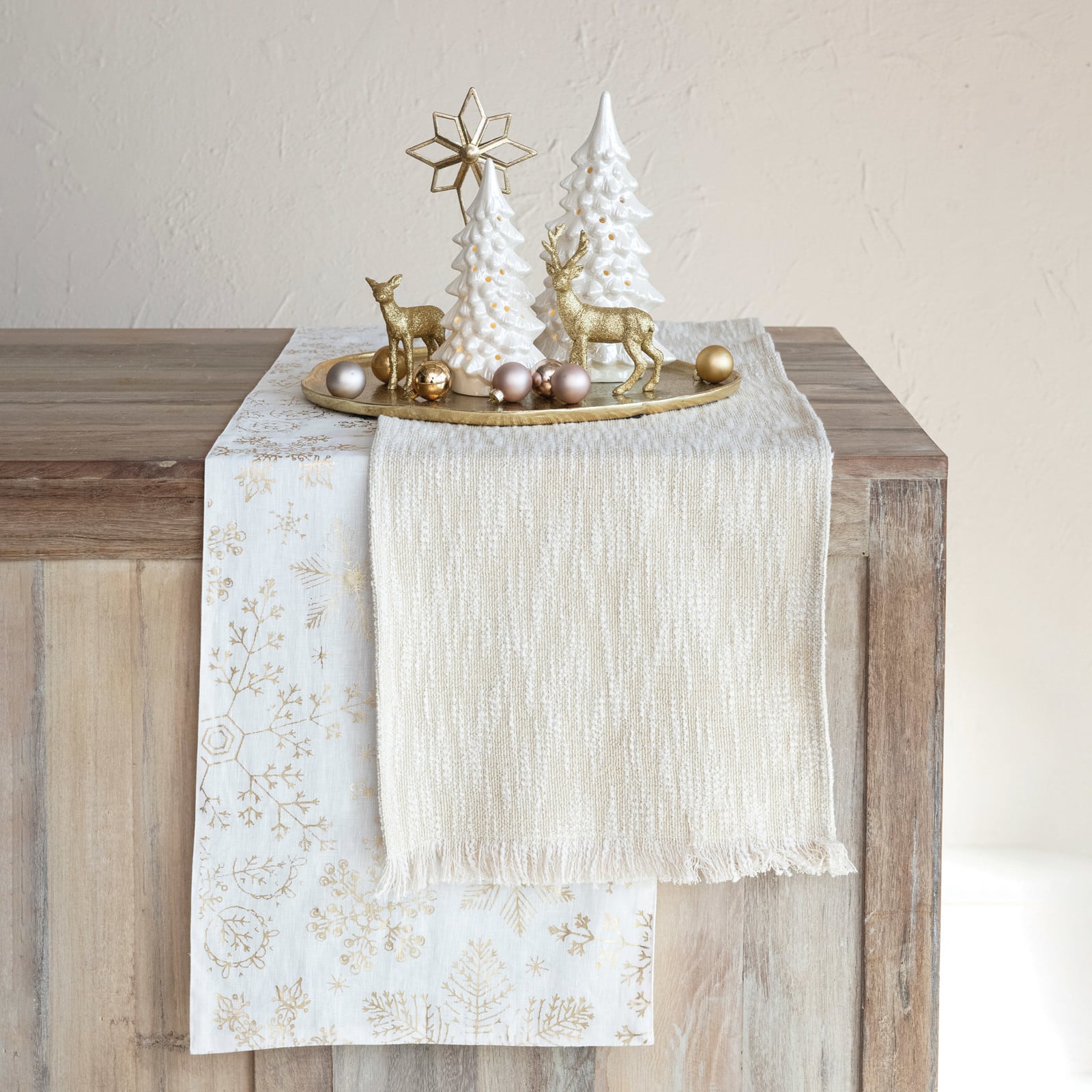 Hello Honey&#xAE; 108&#x22; Natural Woven Cotton Slub Table Runner with Metallic Gold Thread &#x26; Fringe
