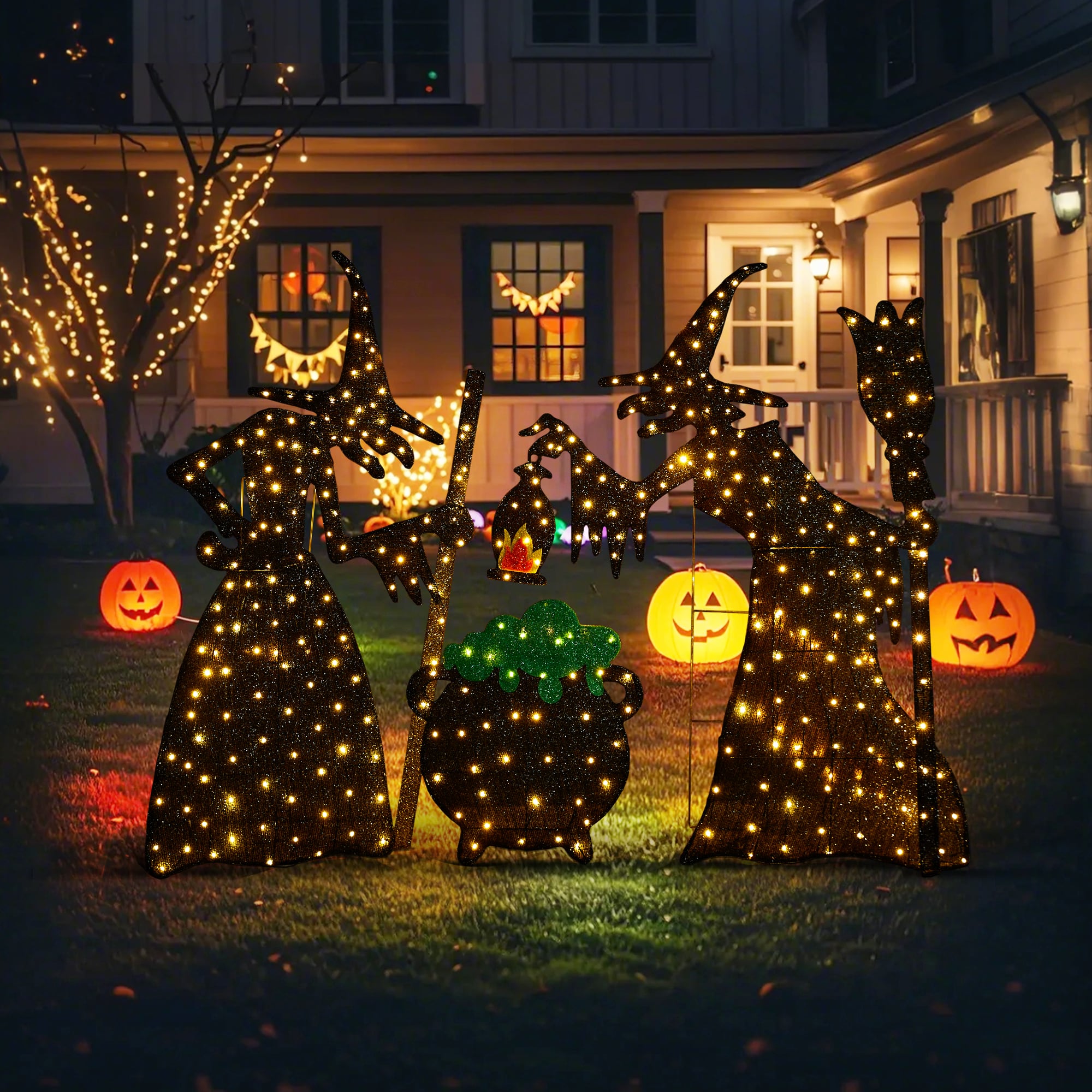 Glitzhome&#xAE; Set of 3 Lighted Halloween 2.5D Witches with Cauldron Outdoor Decor