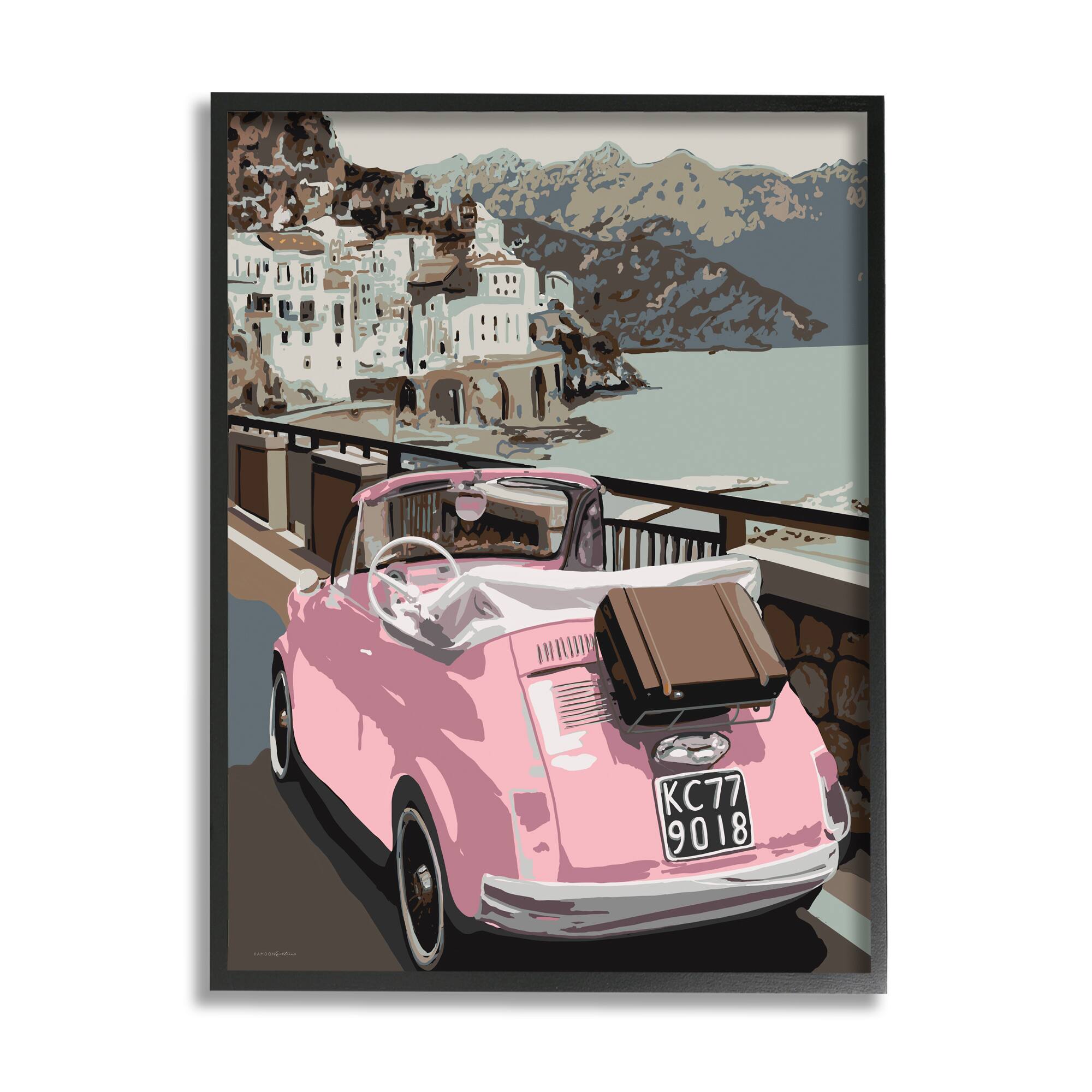Stupell Industries Pink Car Cliffside Town on Waterfront Road in Black Frame Wall Art
