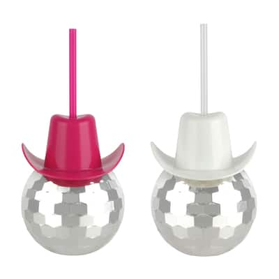 Assorted Disco Ball Cup with Cowgirl Hat Lid & Straw, 1pc. by Fab Finds