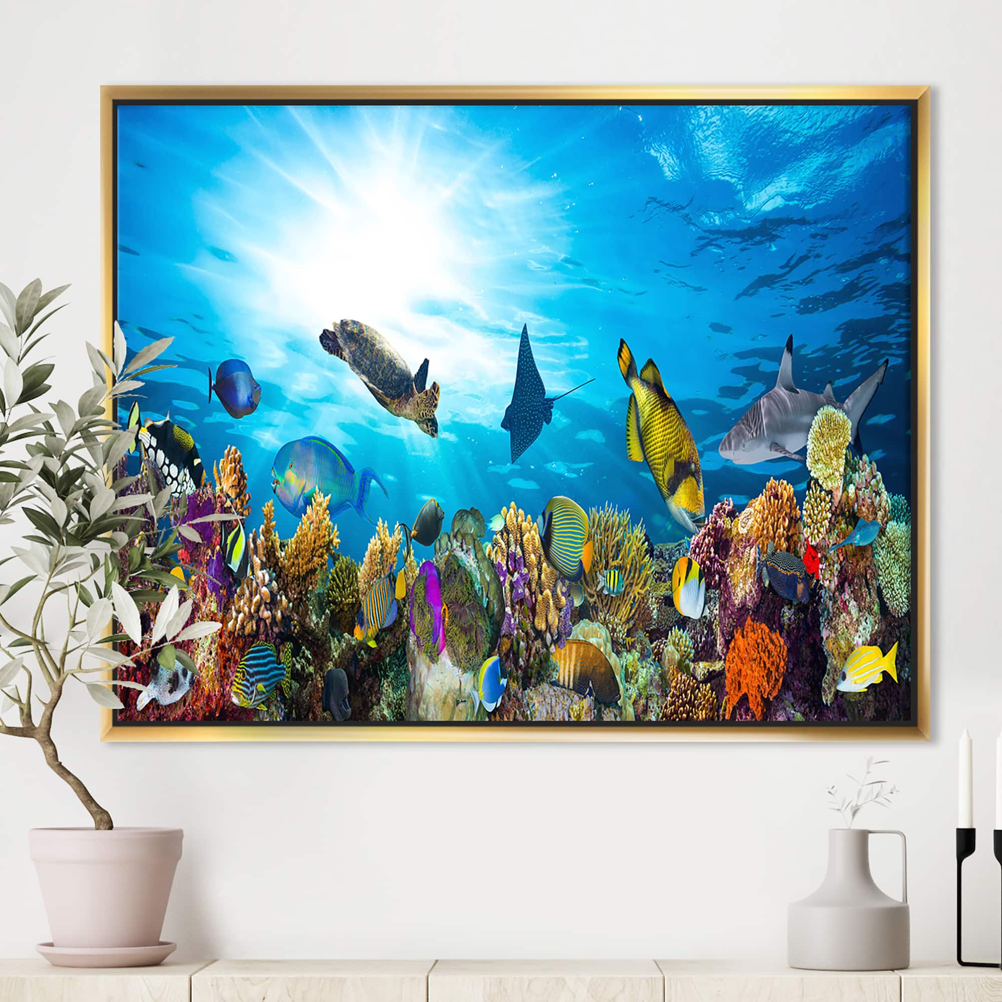 Designart - Colorful Coral Reef with Fishes - Seascape Framed Canvas Art Print