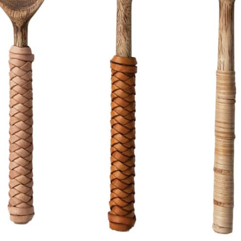 7.5&#x22; Mango Wood Spoons with Bamboo &#x26; Leather Wrapped Handle Set