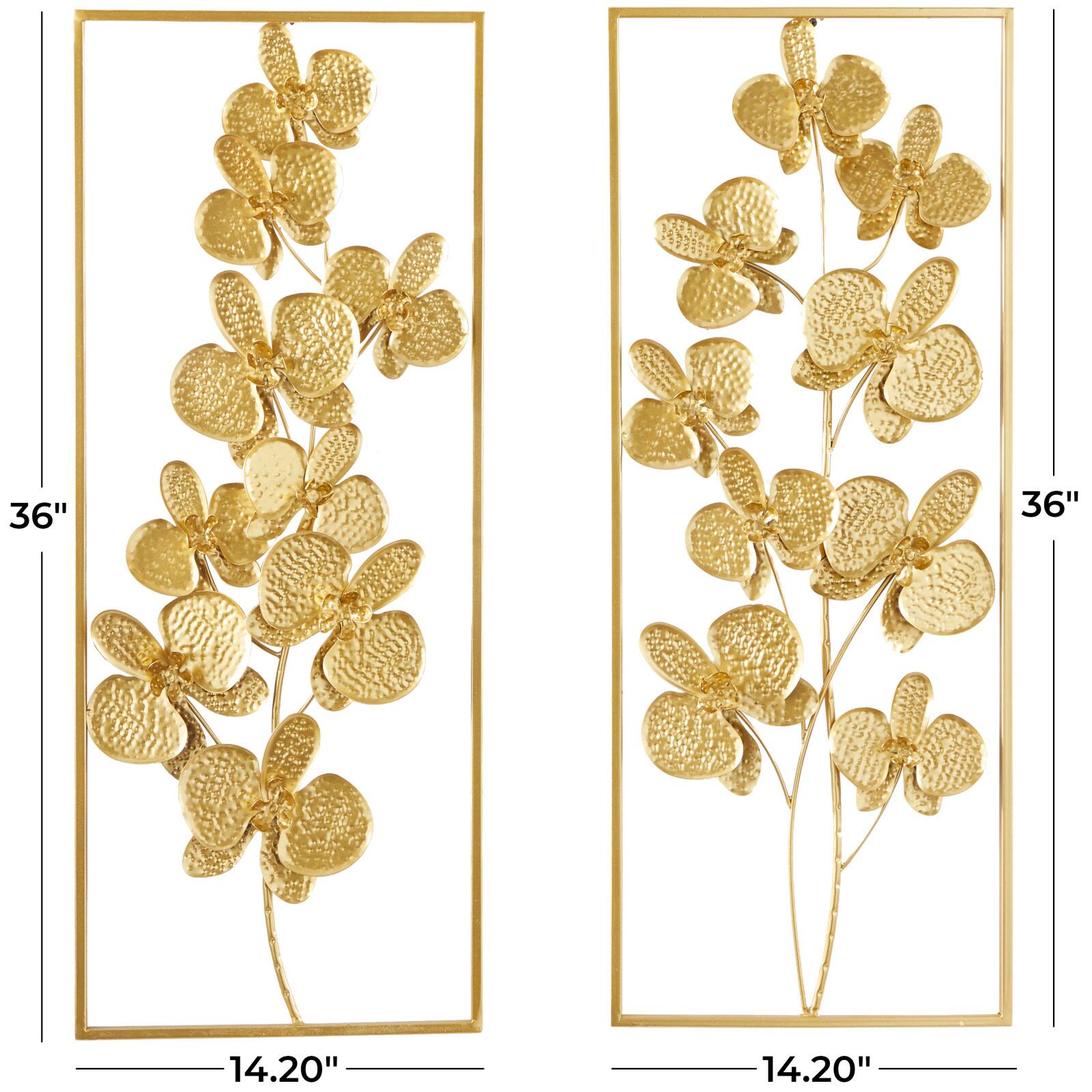 CosmoLiving by Cosmopolitan Gold Metal Orchid Floral Wall Decor with Gold Frame Set of 2 14&#x22;, 36&#x22;