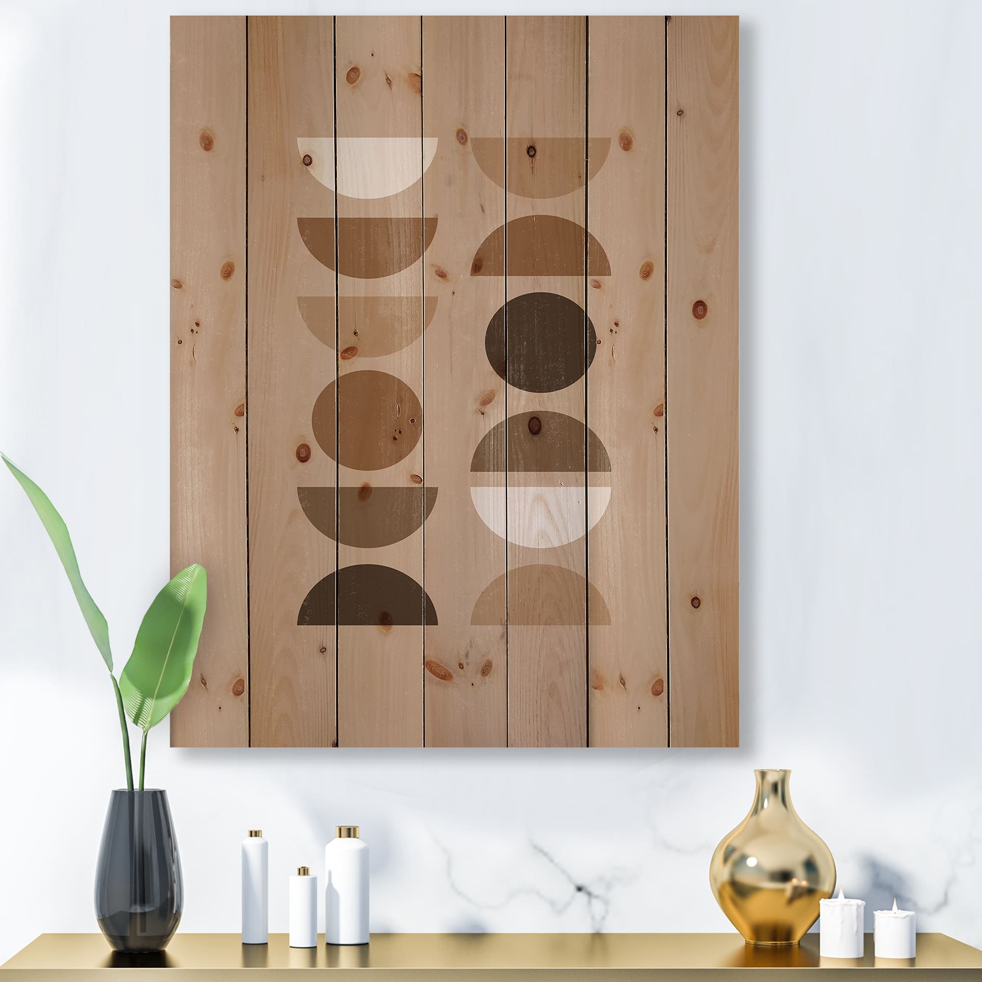 Designart - Abstract Sun Moon Geometric Print II - Modern Print on Natural Pine Wood