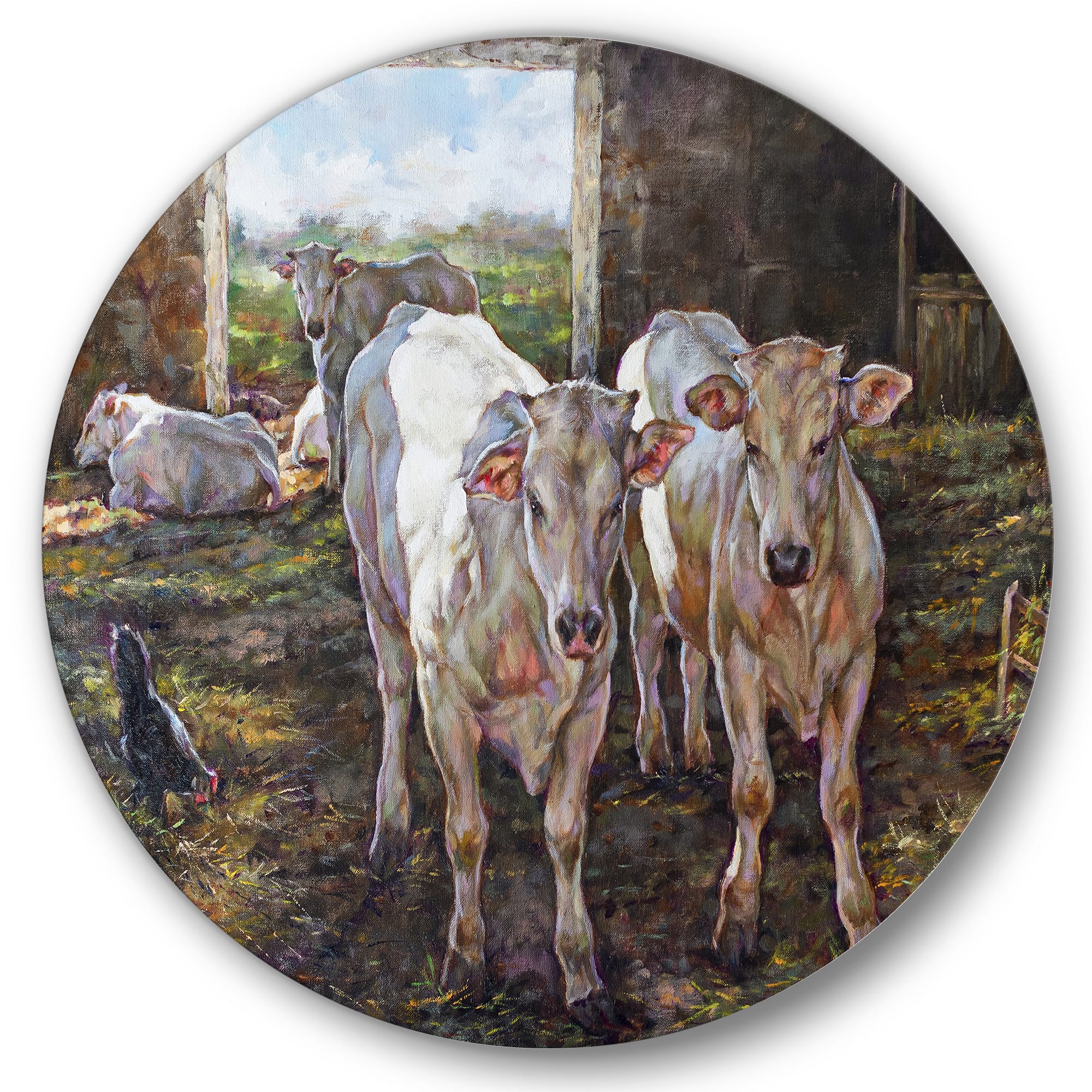 Designart - Two Cows In The Stable - Farmhouse Metal Circle Wall Art